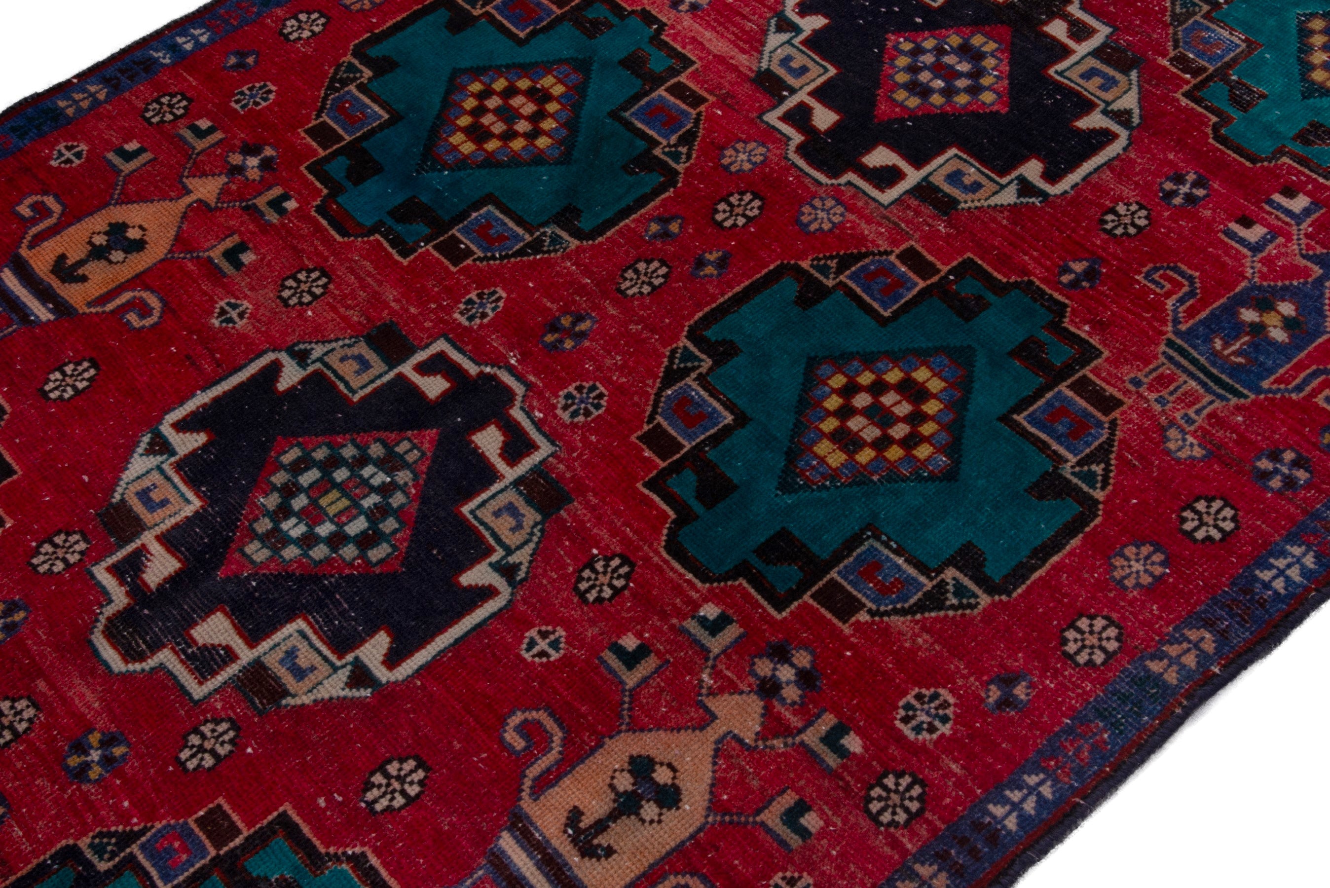 Persian Shiraz runner rug in deep red and teal, view 8 of 17