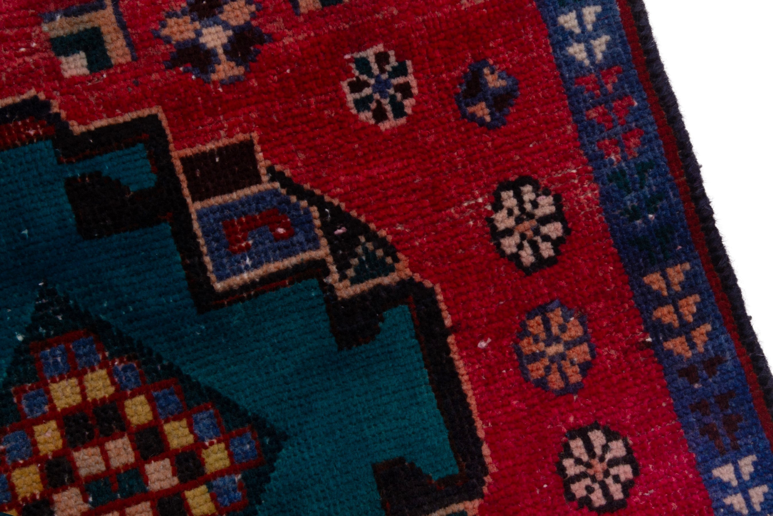 Persian Shiraz runner rug in deep red and teal, view 9 of 17