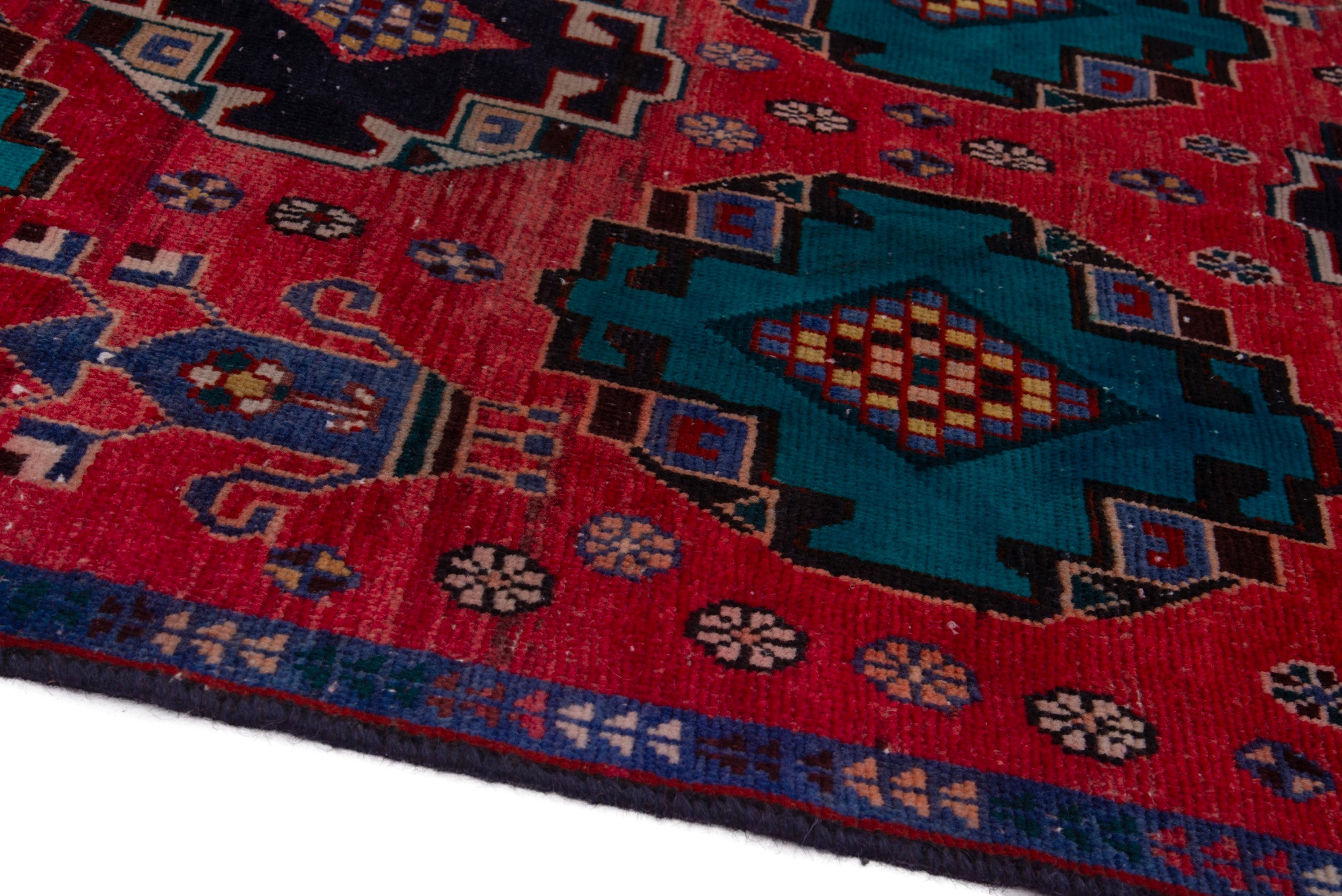 Persian Shiraz runner rug in deep red and teal, view 5 of 17