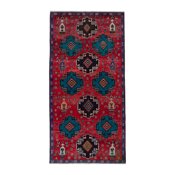 Persian Shiraz runner rug in deep red and teal, 3'6" x 7'10"