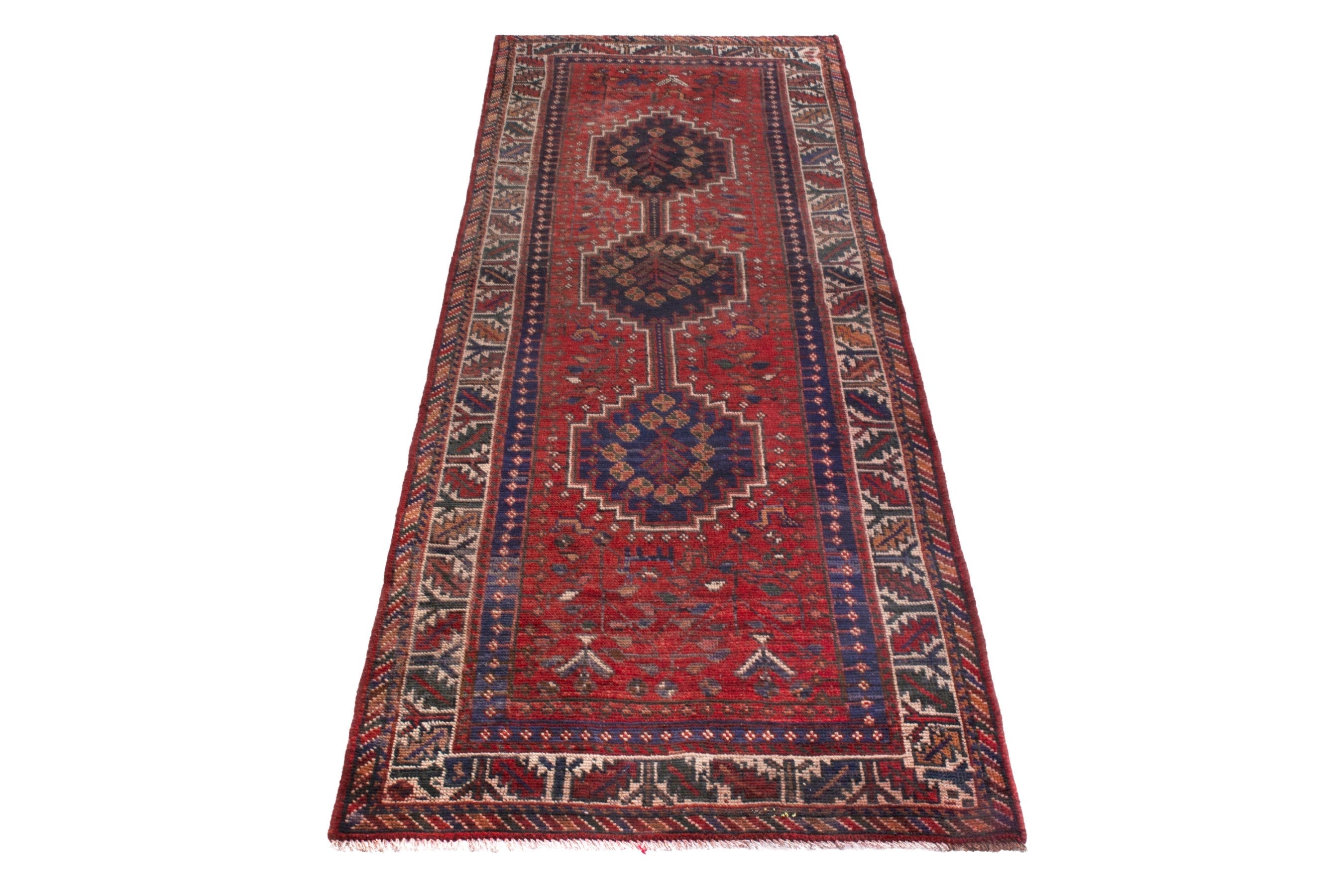 Persian Shiraz runner rug in deep red and cream, view 2 of 18