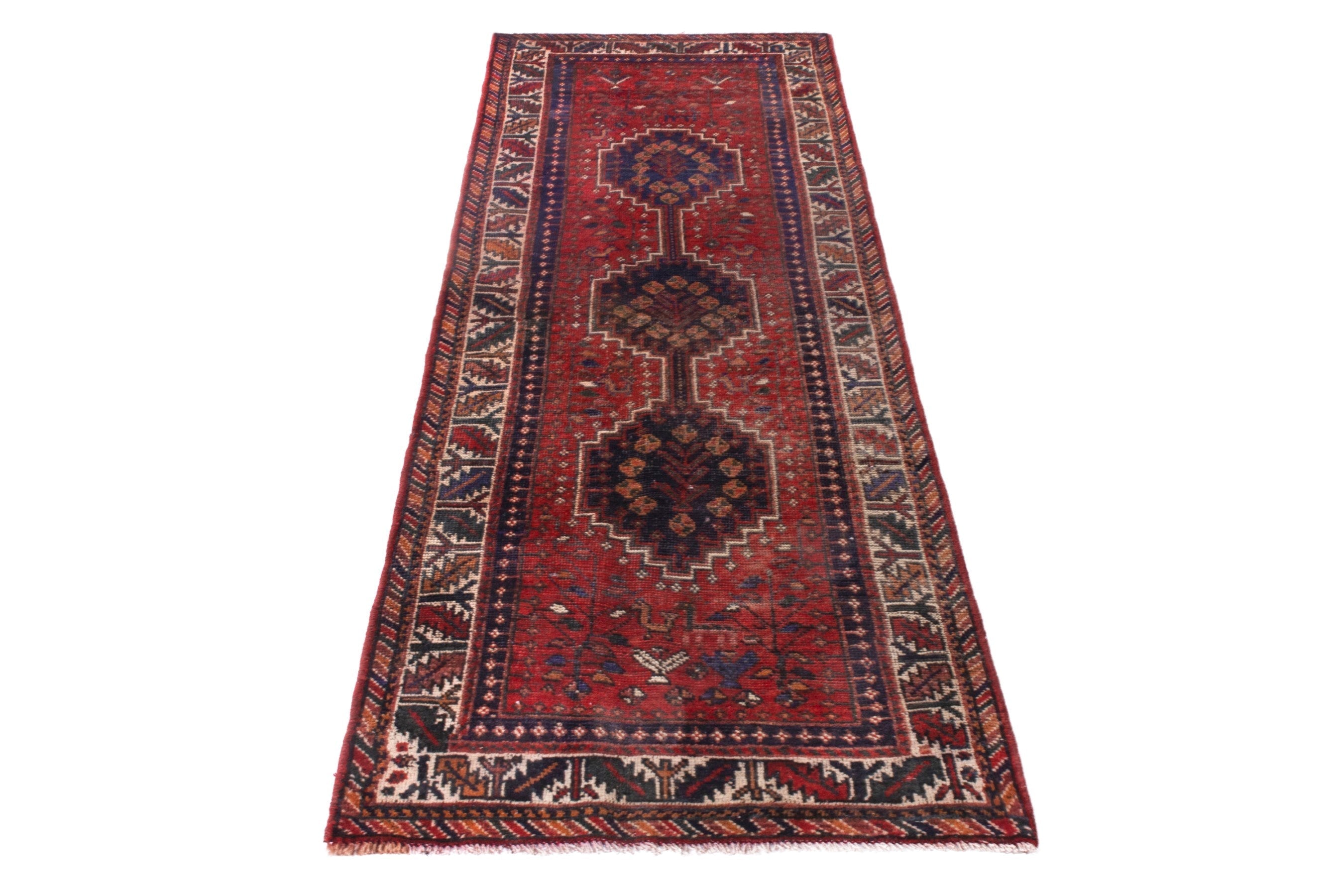 Persian Shiraz runner rug in deep red and cream, view 3 of 18