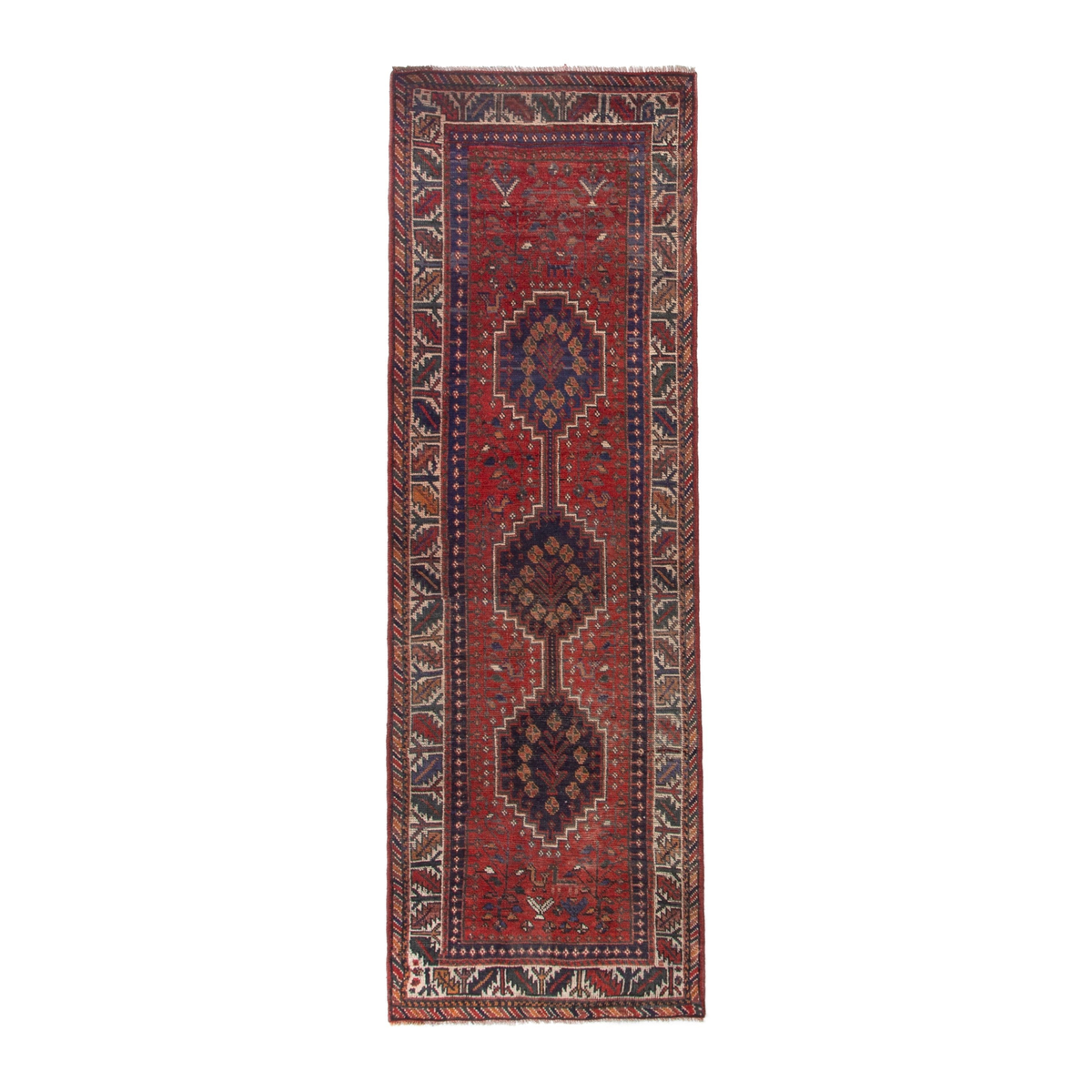 Persian Shiraz runner rug in deep red and cream, 2'9" x 8'10"