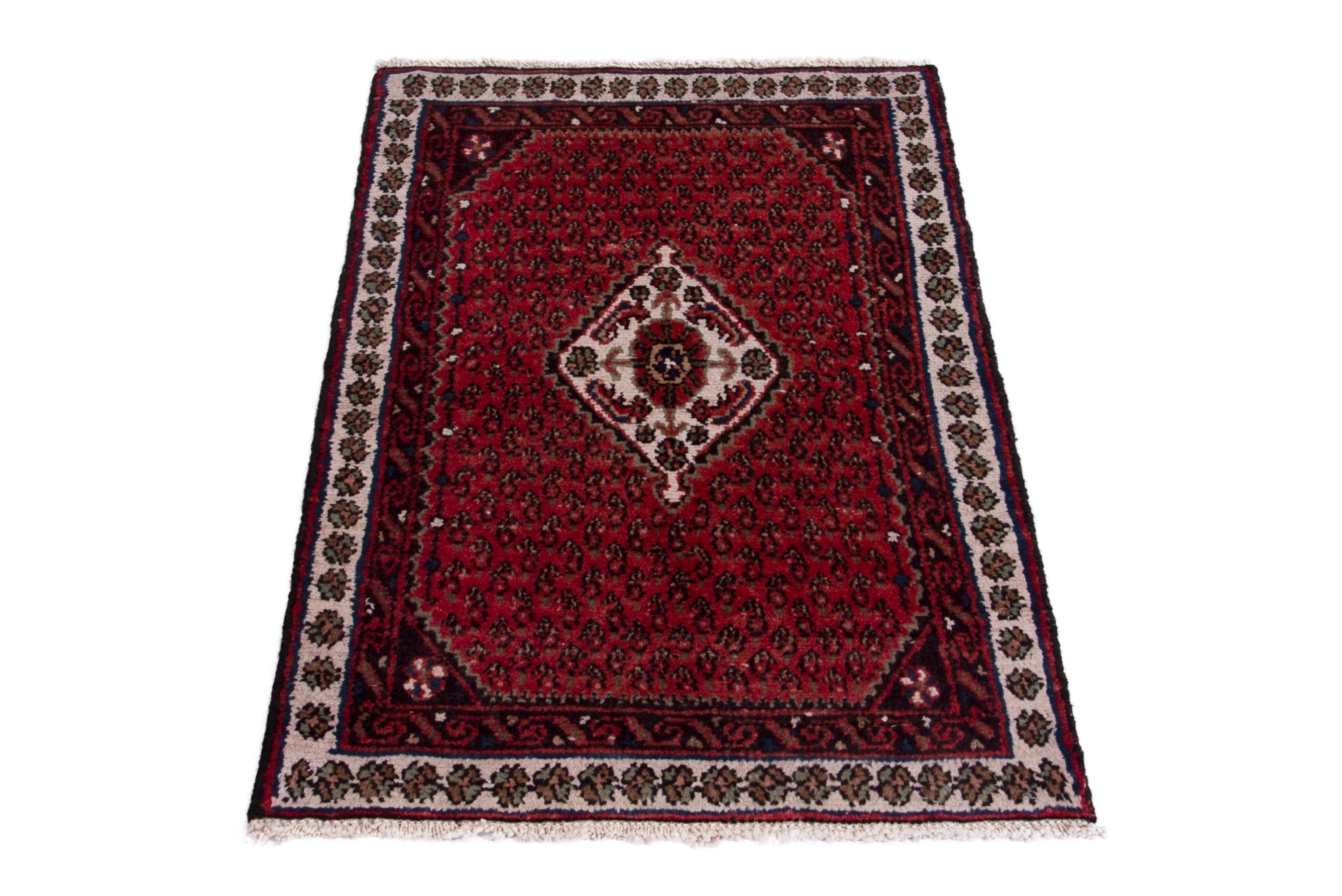 Persian Botteh accent rug in burgundy and off-white, view 2 of 7
