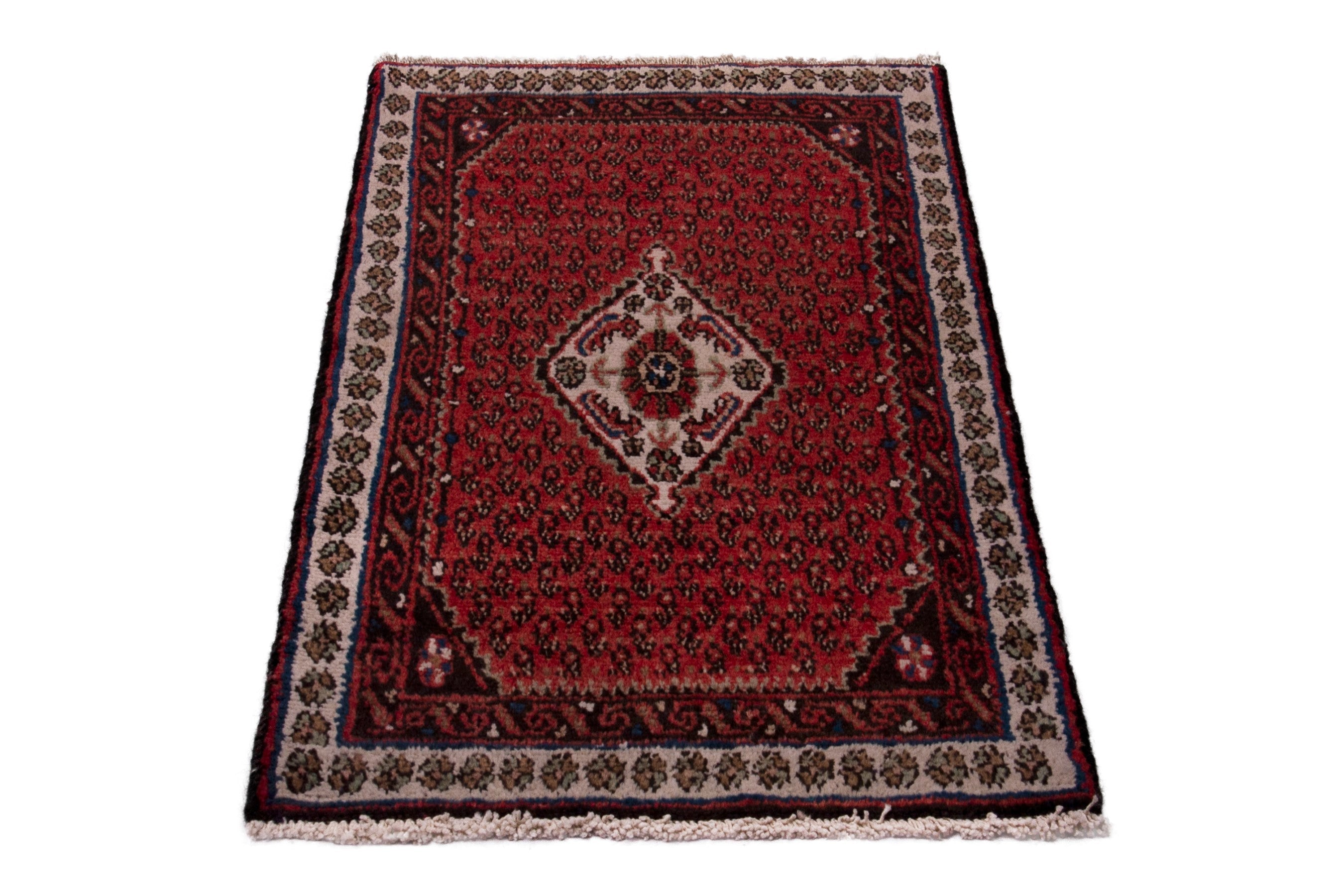Persian Botteh accent rug in burgundy and off-white, view 3 of 7