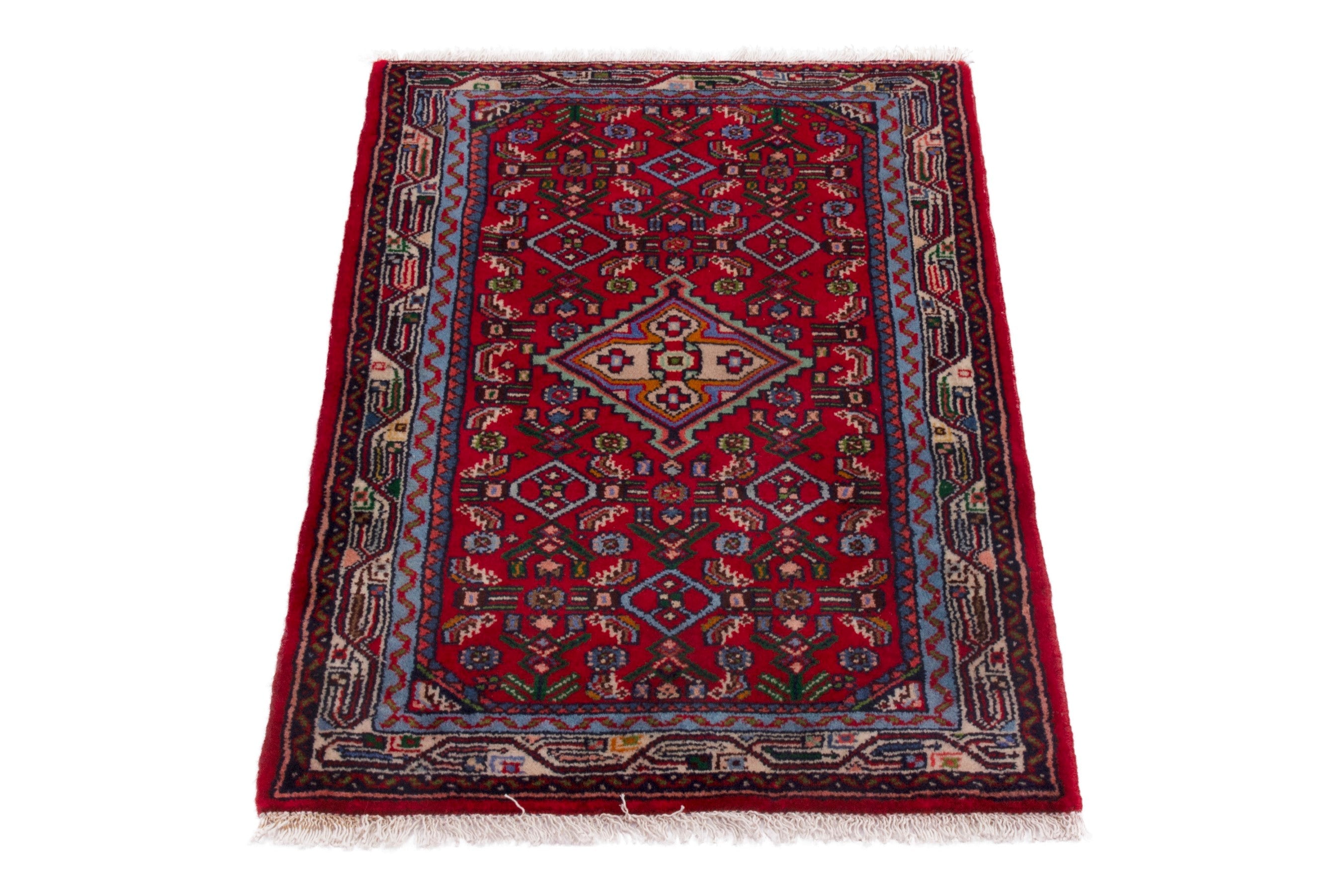 Persian Hamedan accent rug in deep red and denim, view 2 of 7