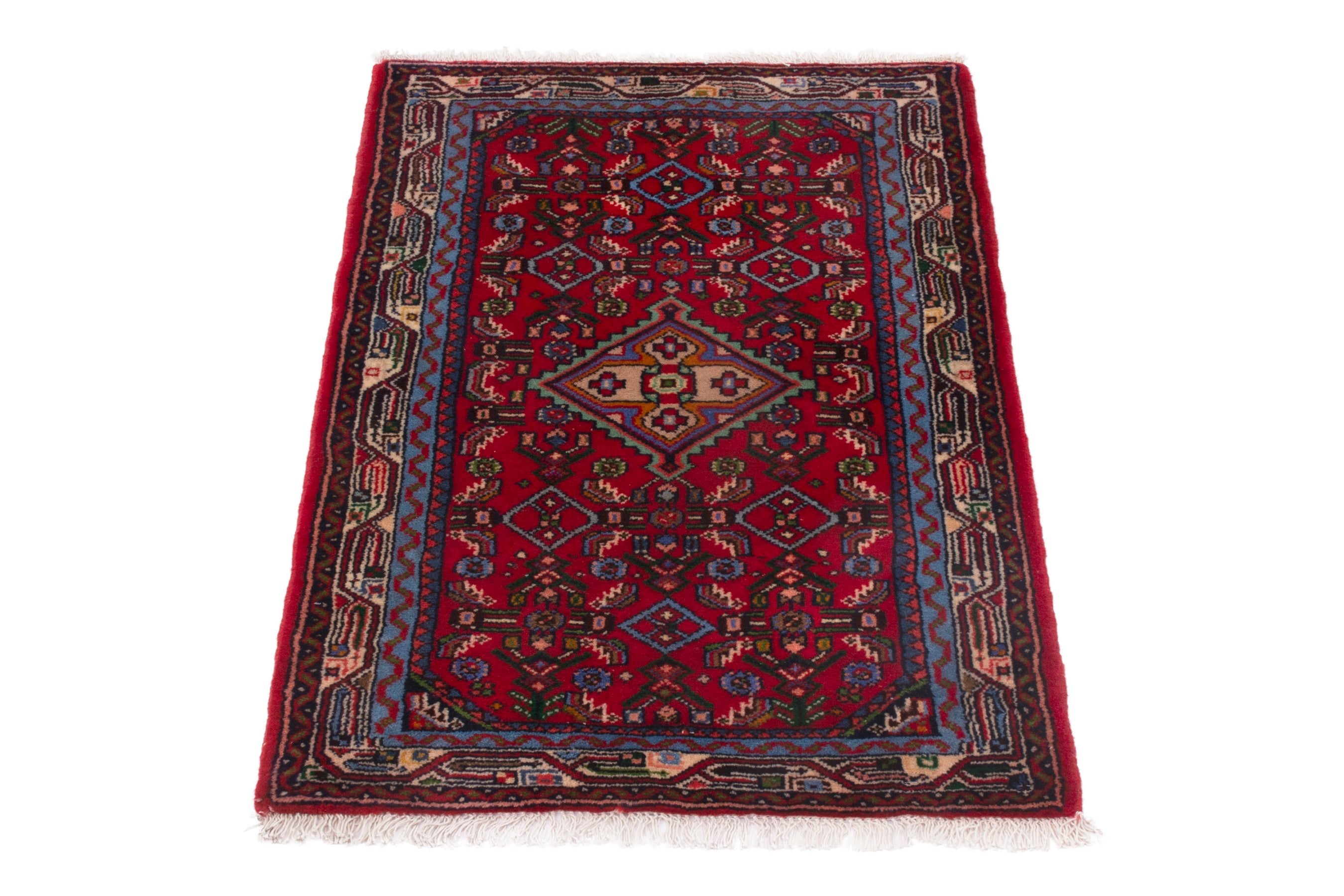 Persian Hamedan accent rug in deep red and denim, view 3 of 7