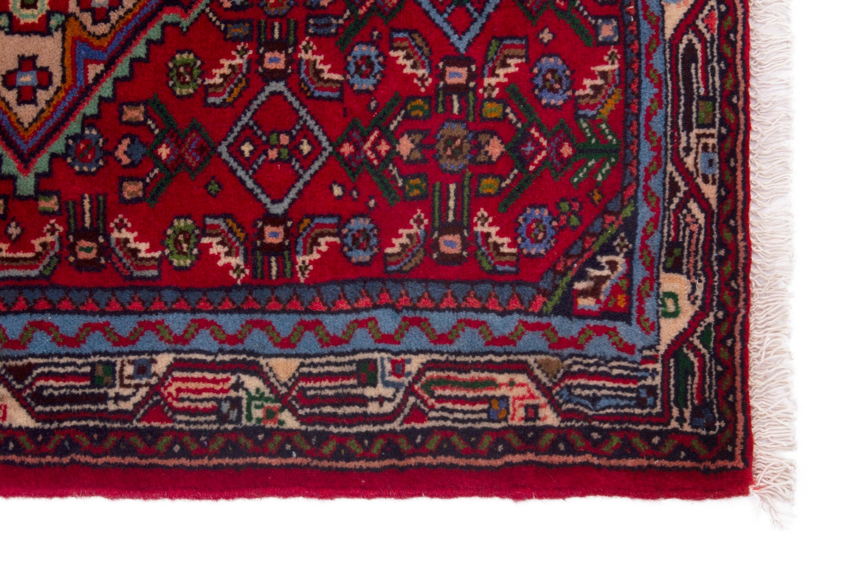 Persian Hamedan accent rug in deep red and denim, view 4 of 7