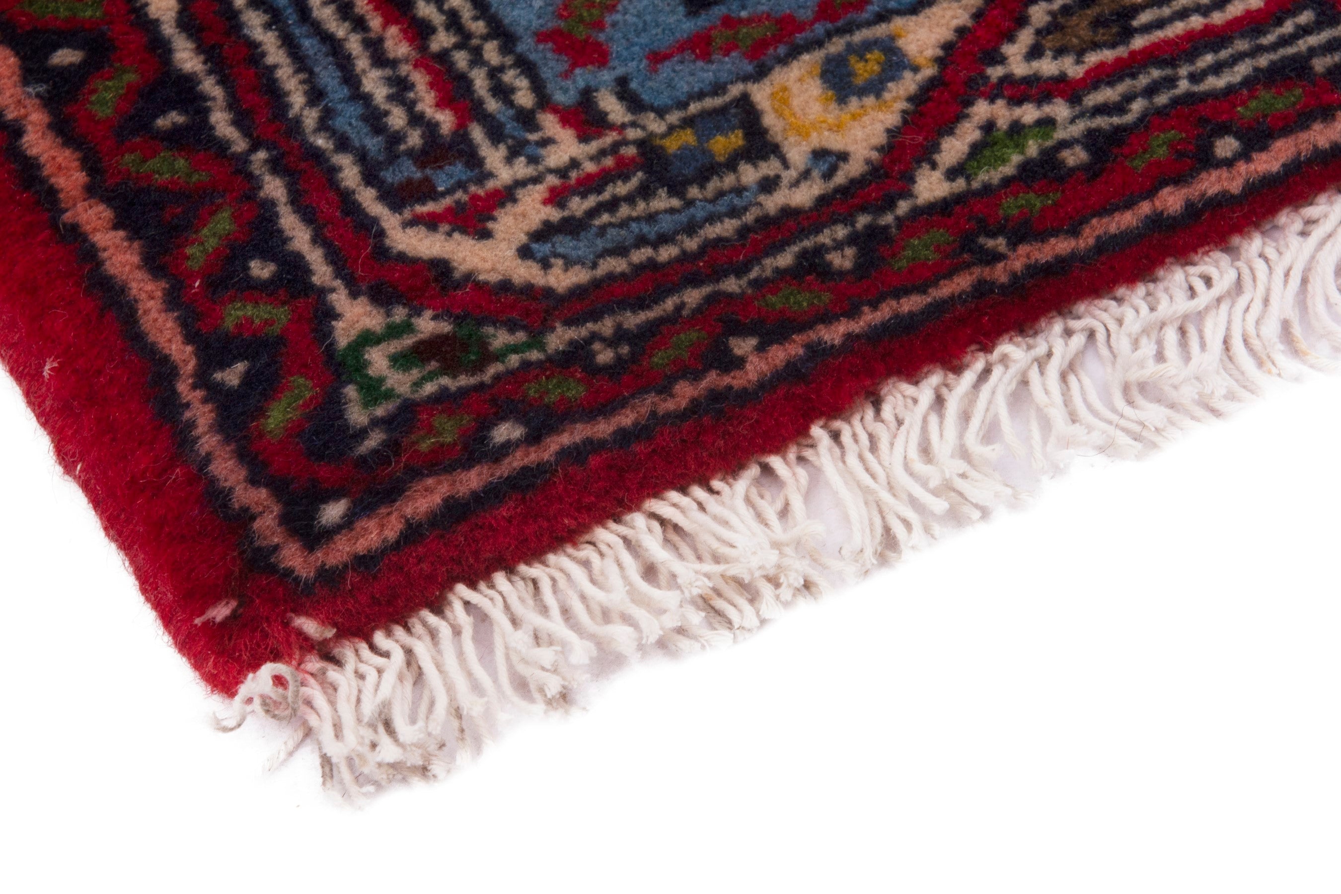 Persian Hamedan accent rug in deep red and denim, view 5 of 7