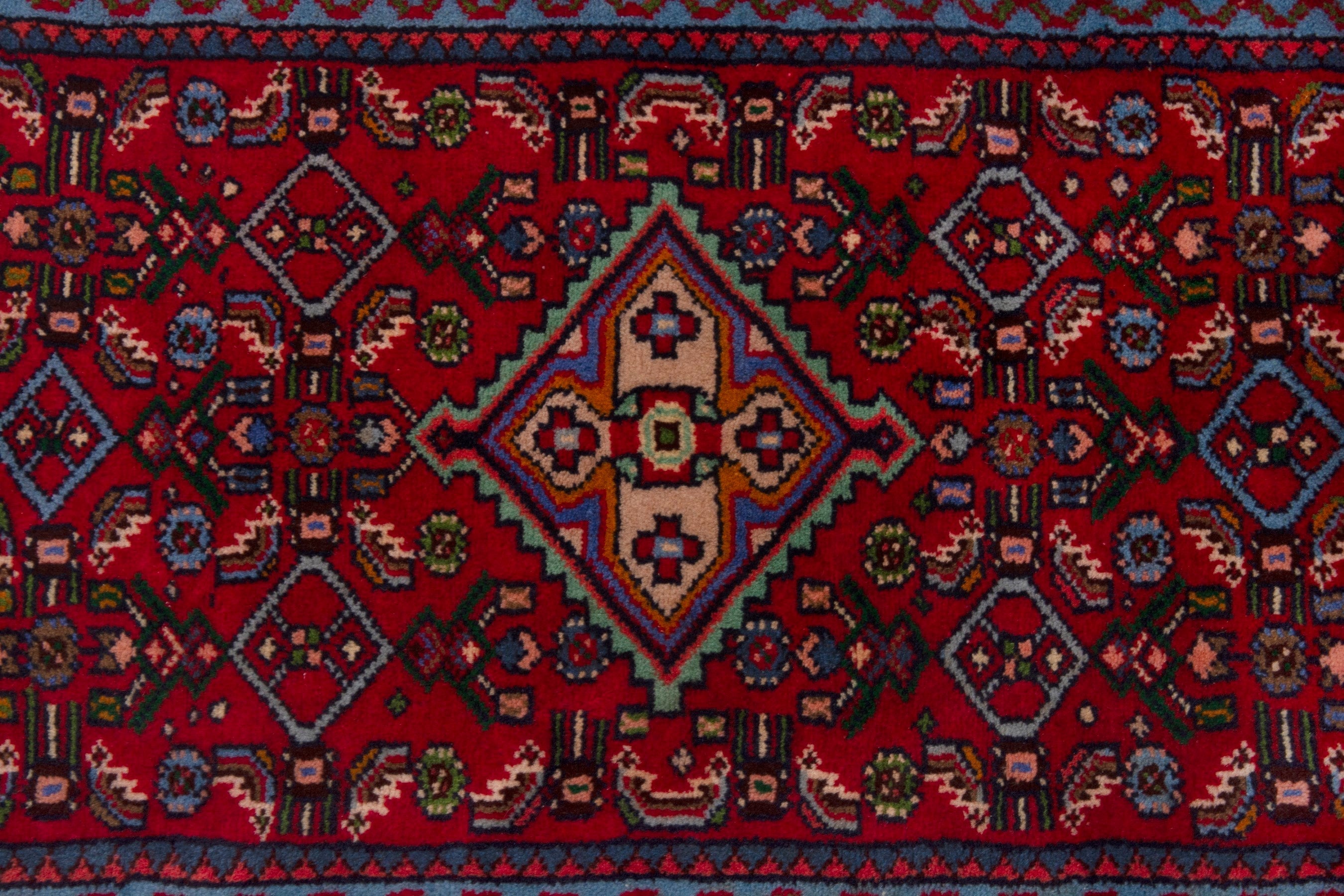 Persian Hamedan accent rug in deep red and denim, view 6 of 7