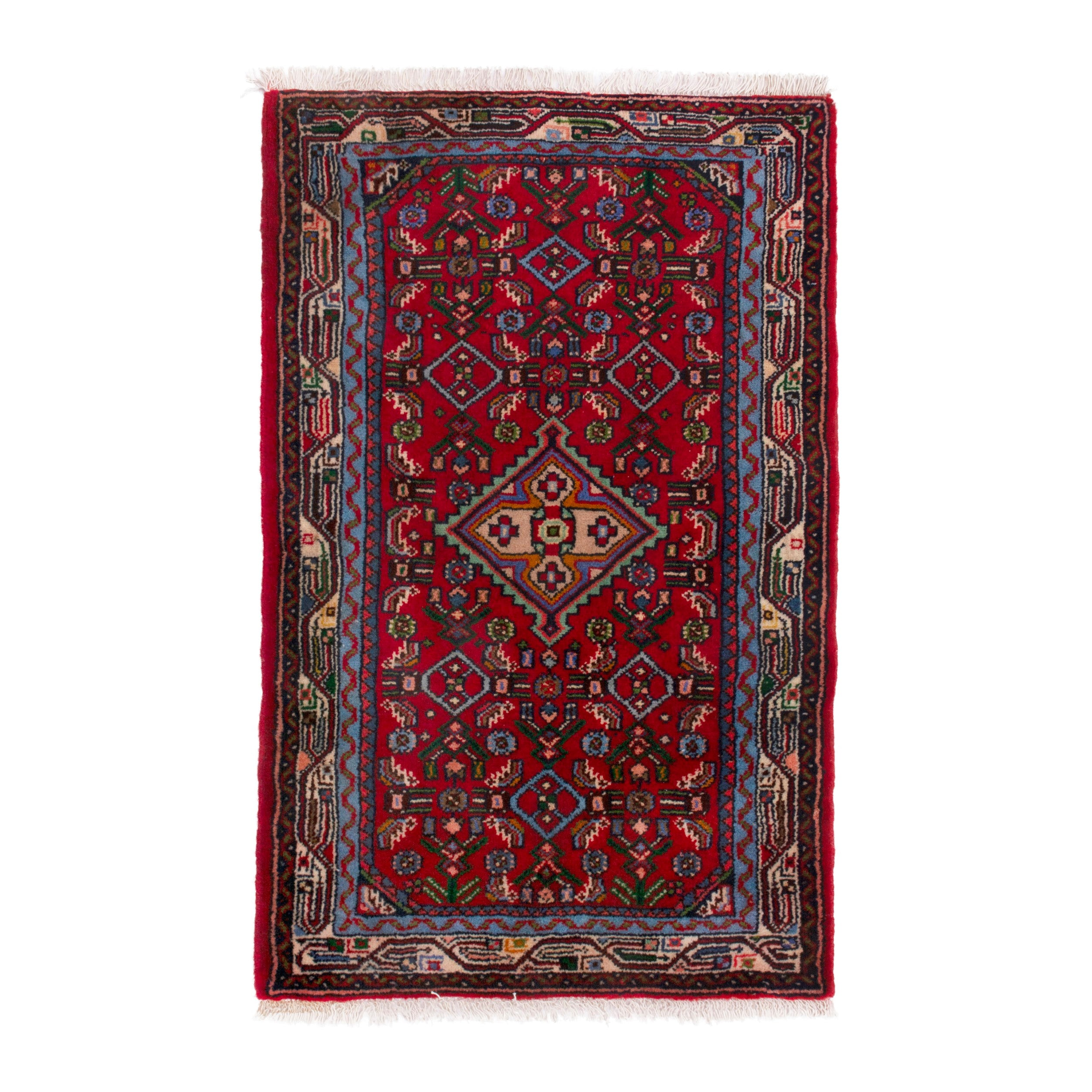 Persian Hamedan accent rug in deep red and denim, 2' x 2'11"