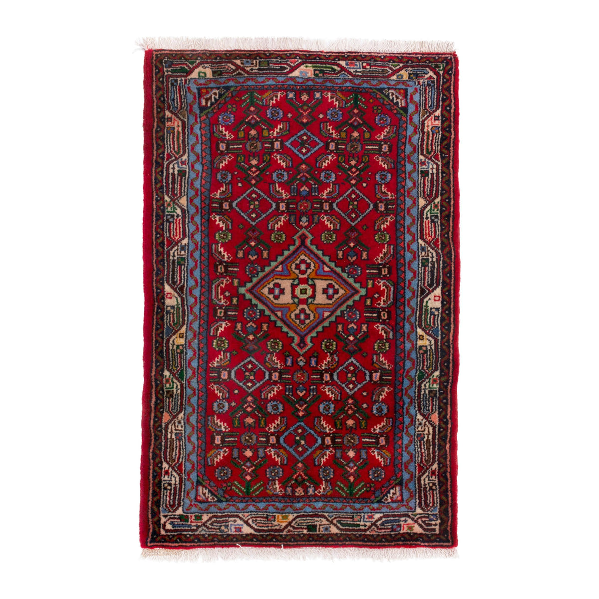 Persian Hamedan accent rug in deep red and denim, 2' x 2'11"