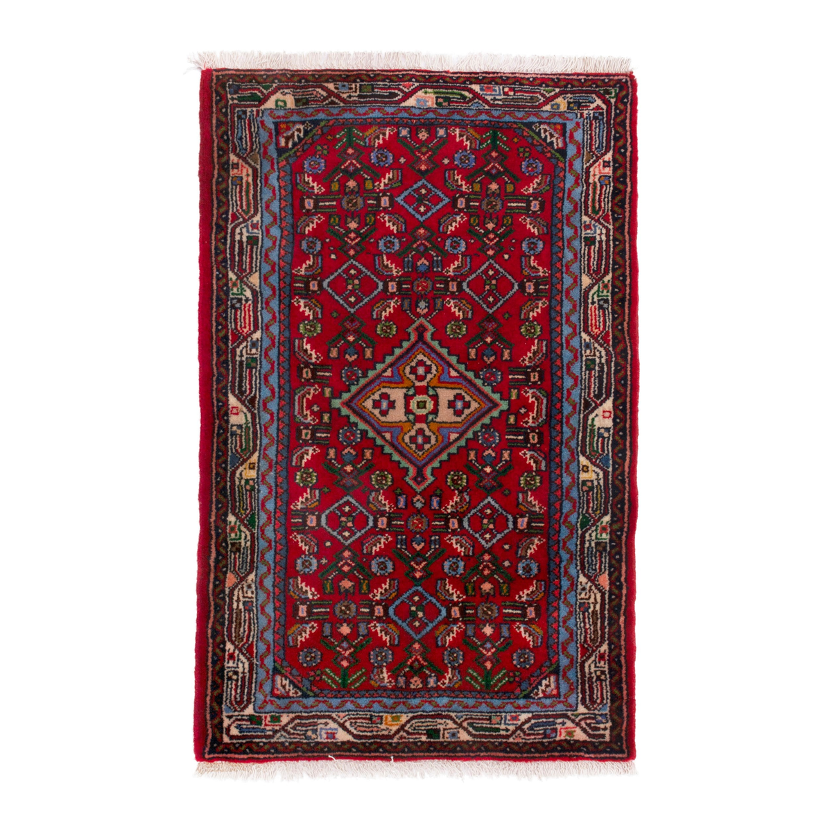Persian Hamedan accent rug in deep red and denim, 2' x 2'11"