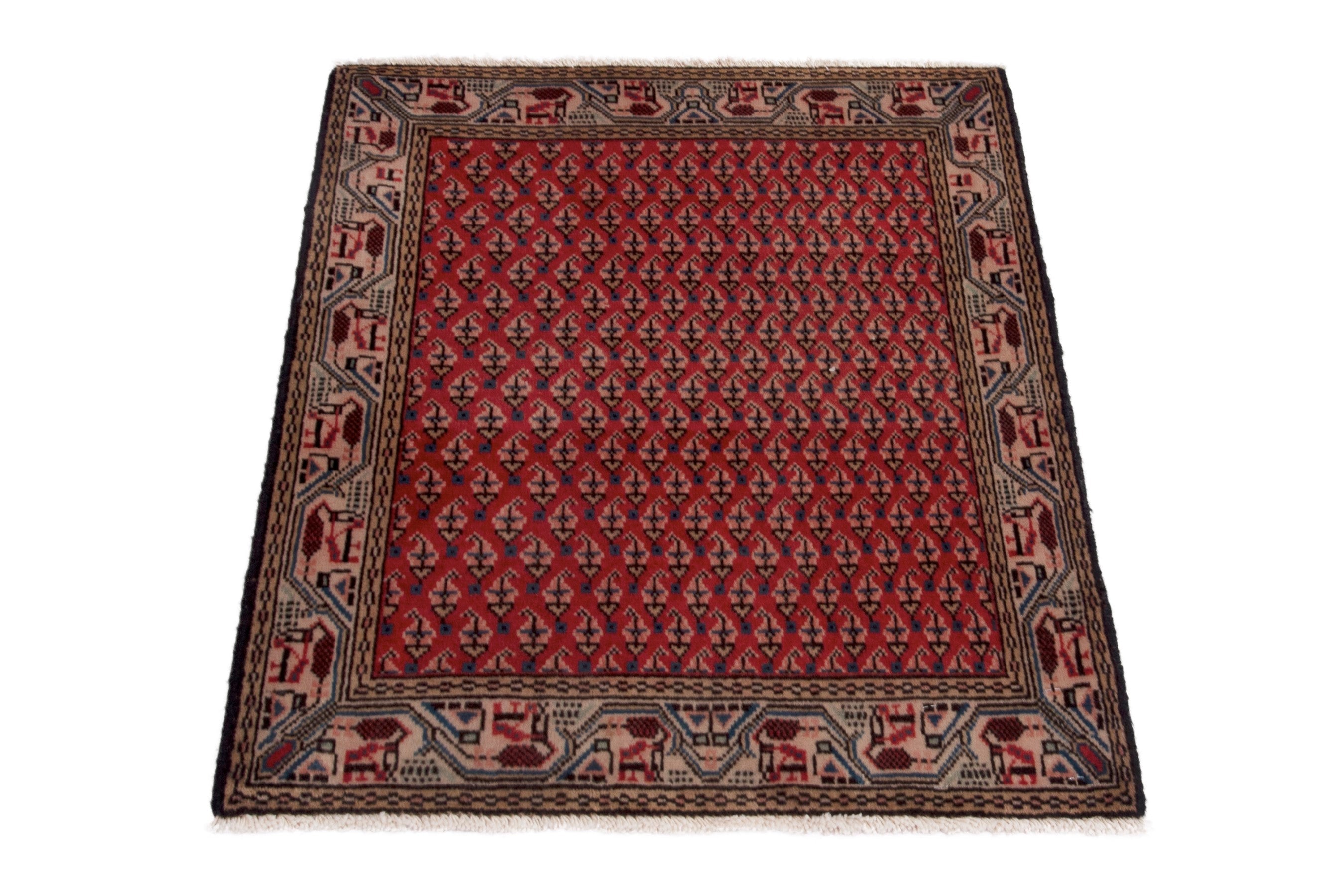 Persian Botteh accent rug in deep red and greige, view 2 of 7