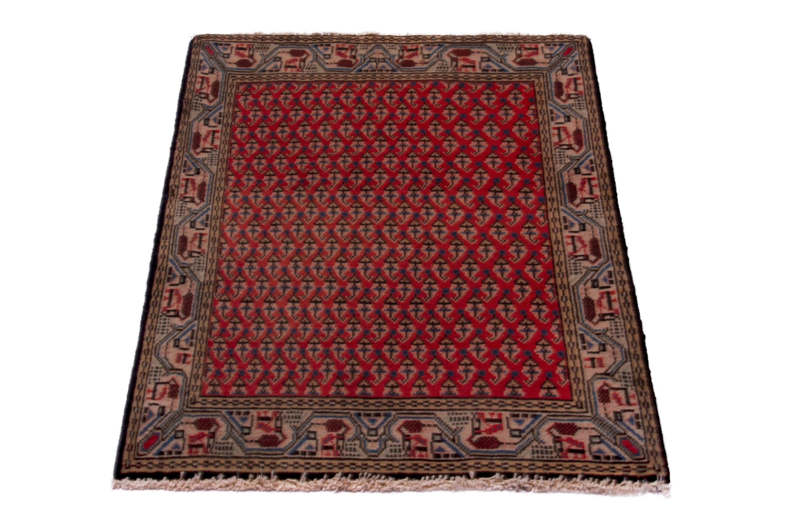 Persian Botteh accent rug in deep red and greige, view 3 of 7