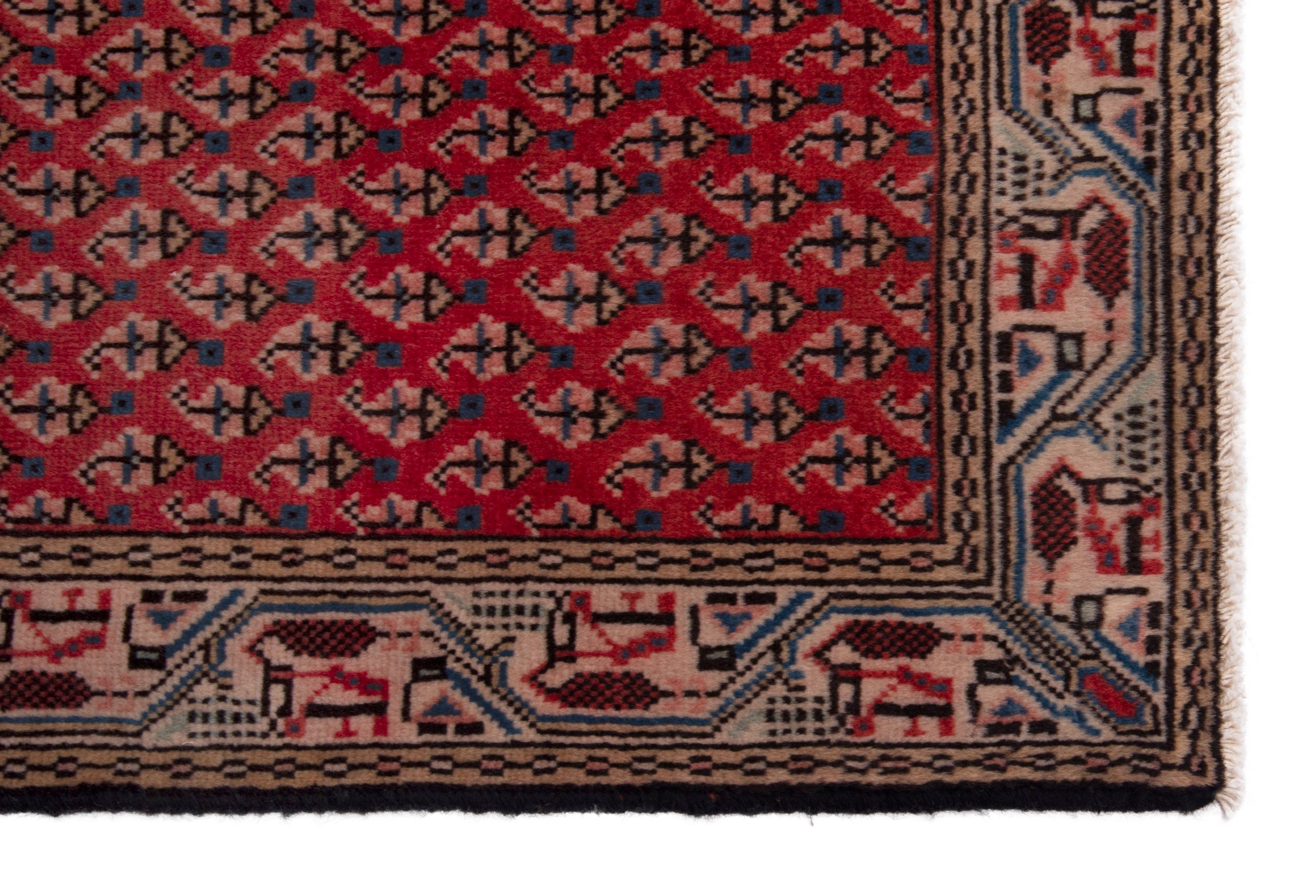 Persian Botteh accent rug in deep red and greige, view 4 of 7