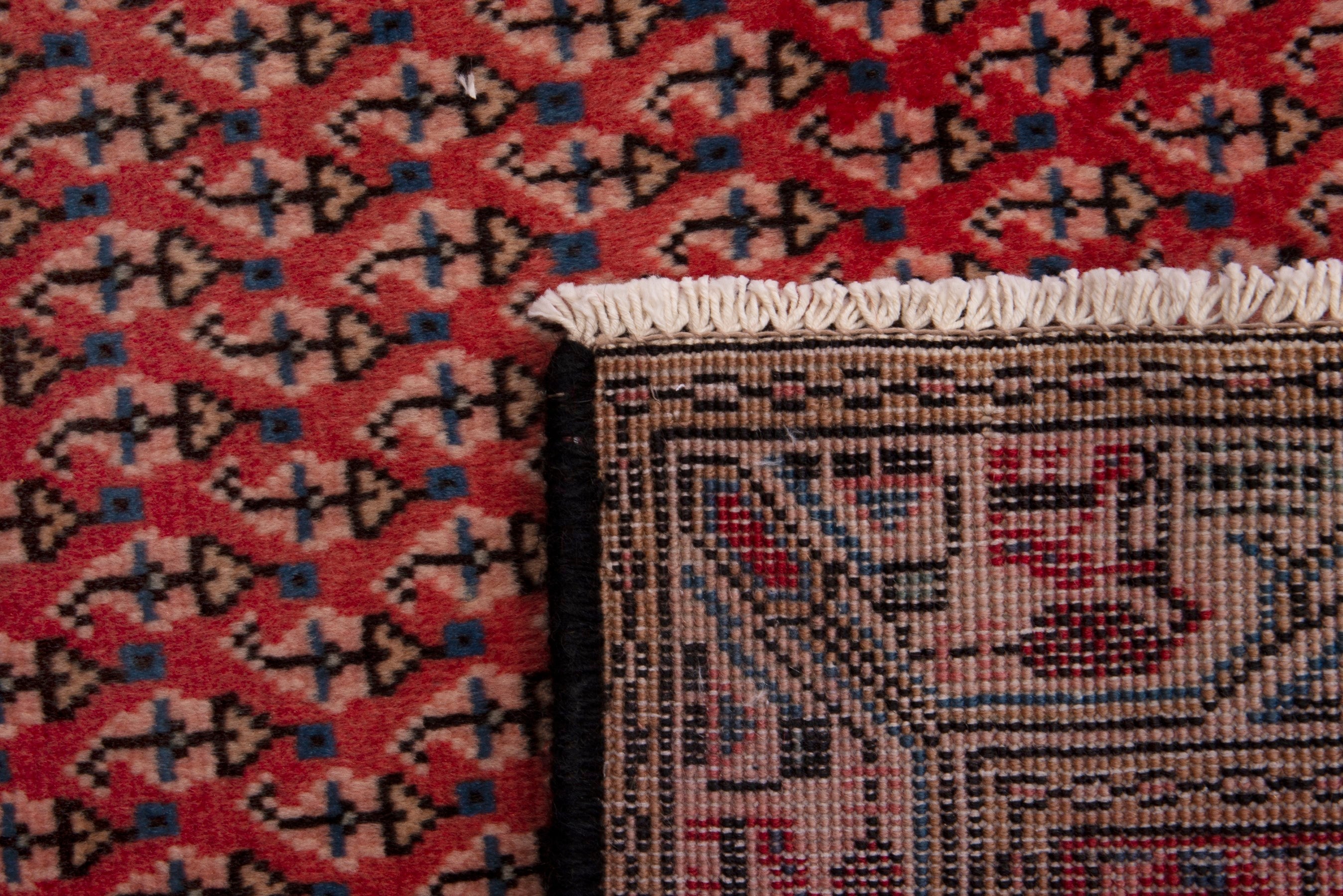 Persian Botteh accent rug in deep red and greige, view 7 of 7