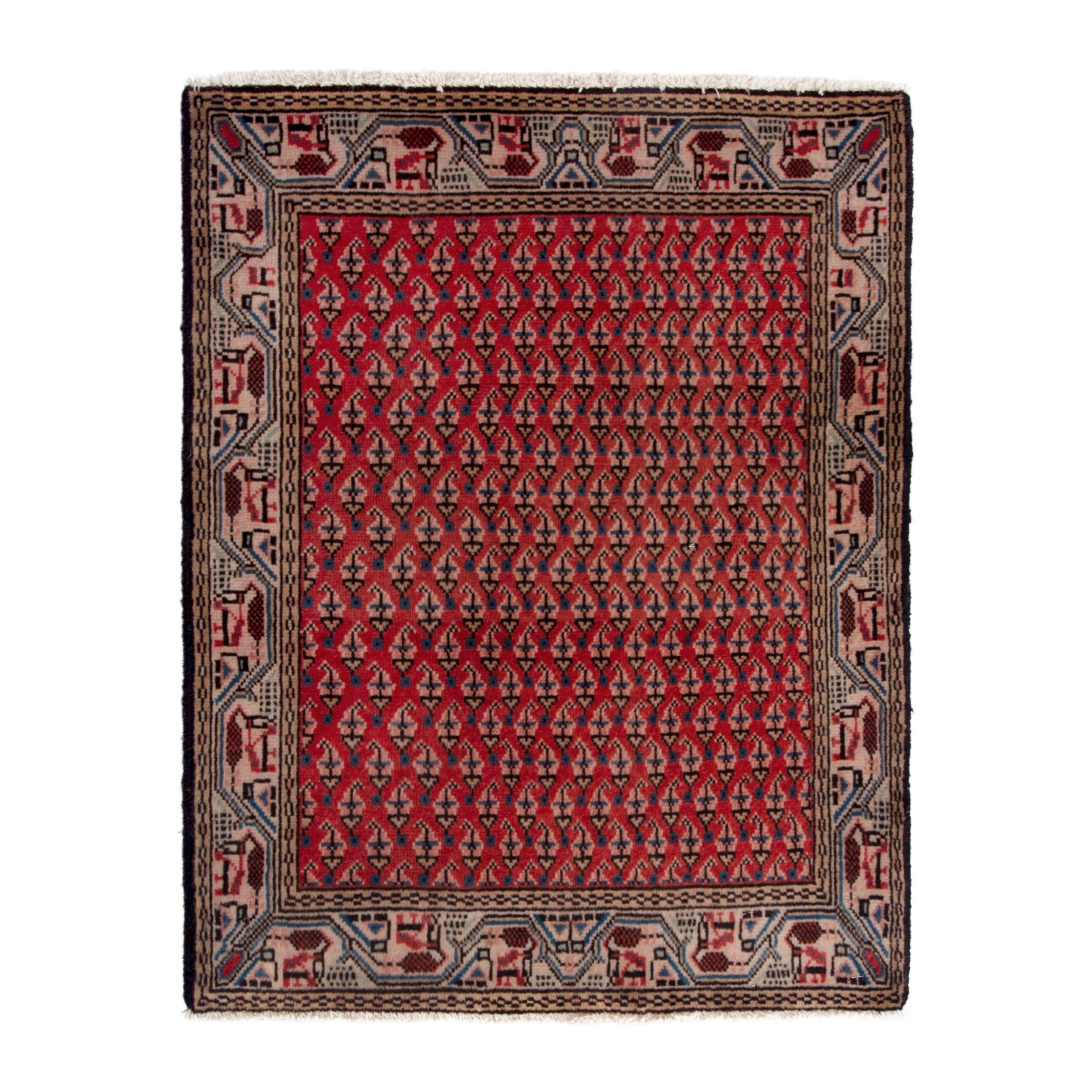 Persian Botteh accent rug in deep red and greige, 2' x 2'3"