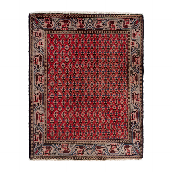 Persian Botteh accent rug in deep red and greige, 2' x 2'3"