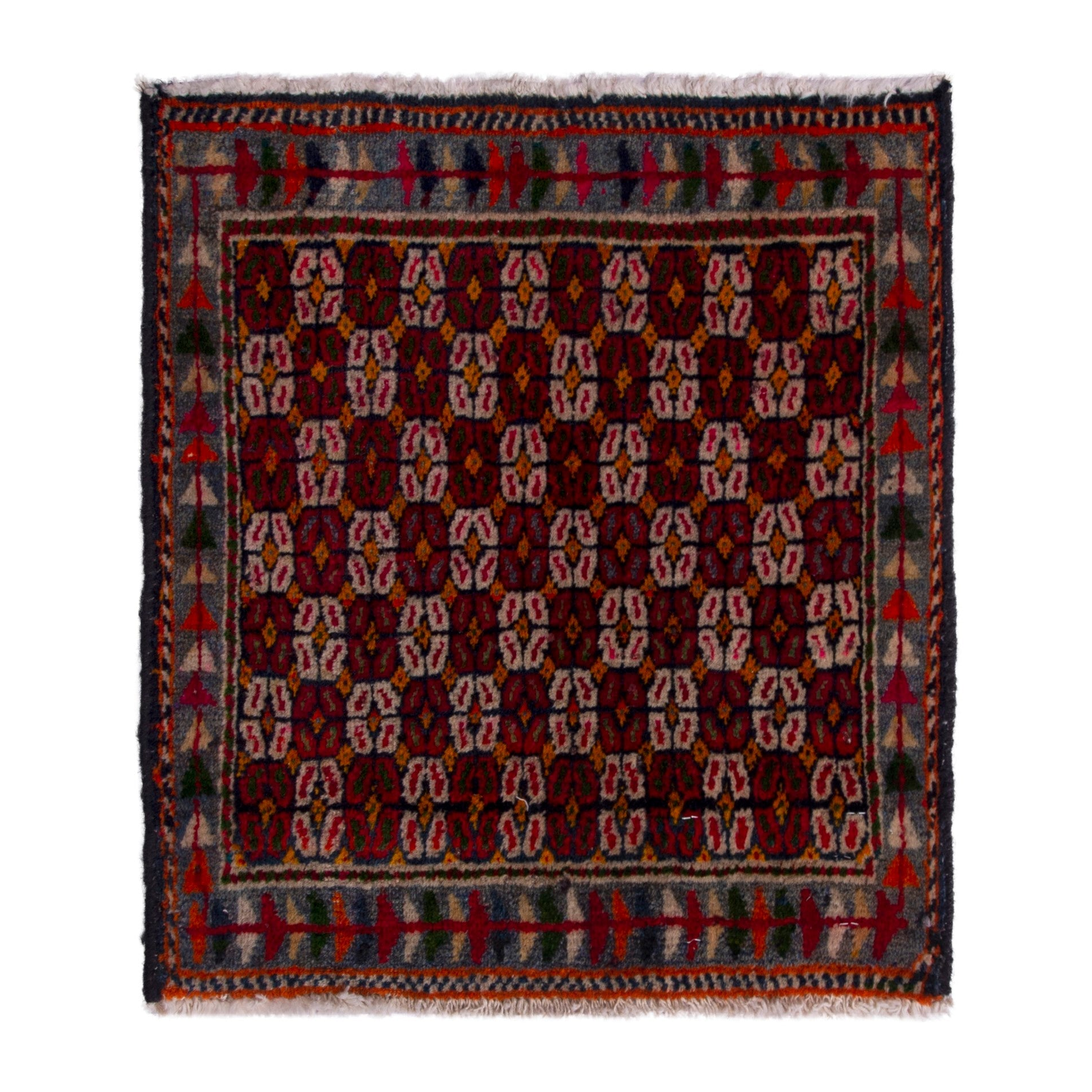 Persian Shiraz accent rug in burgundy and cream, 1'7" x 1'7"