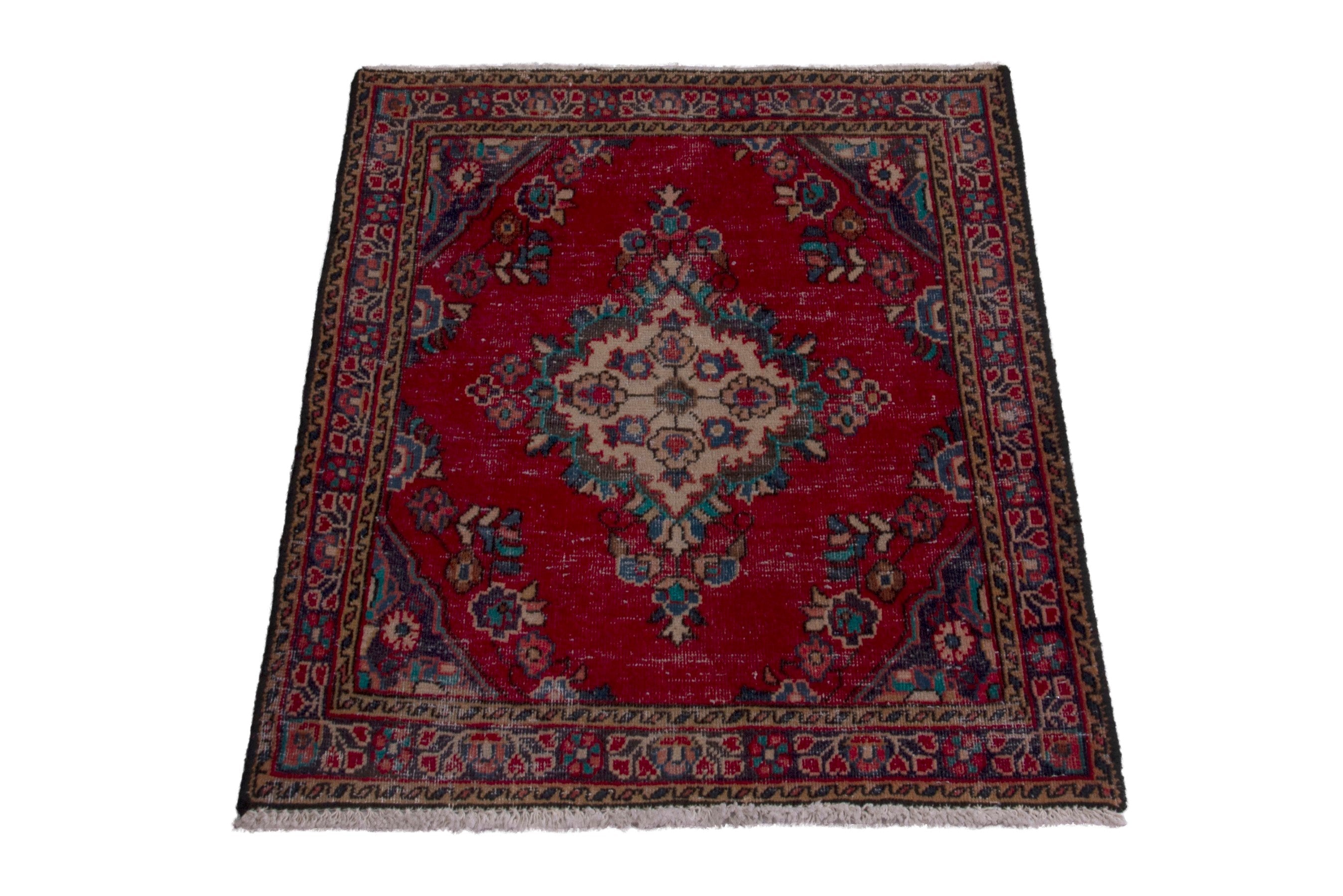 Persian Hamedan accent rug in deep red and burgundy, view 2 of 7