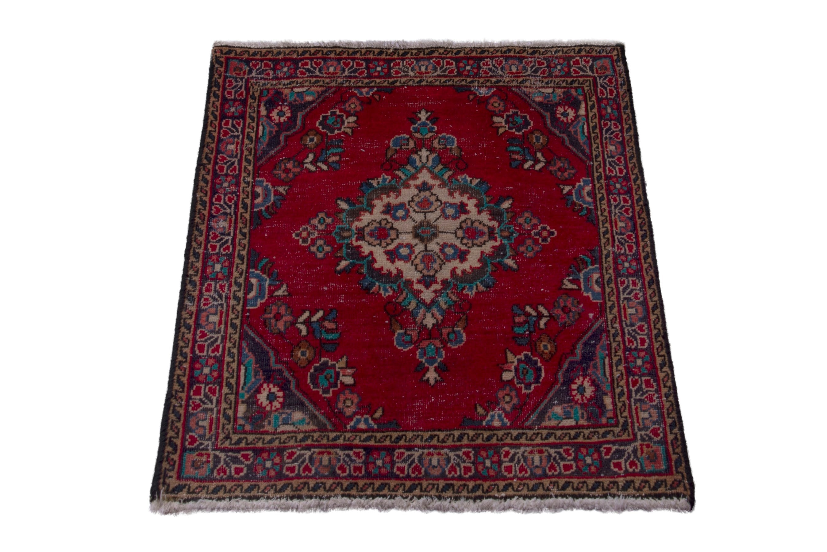 Persian Hamedan accent rug in deep red and burgundy, view 3 of 7