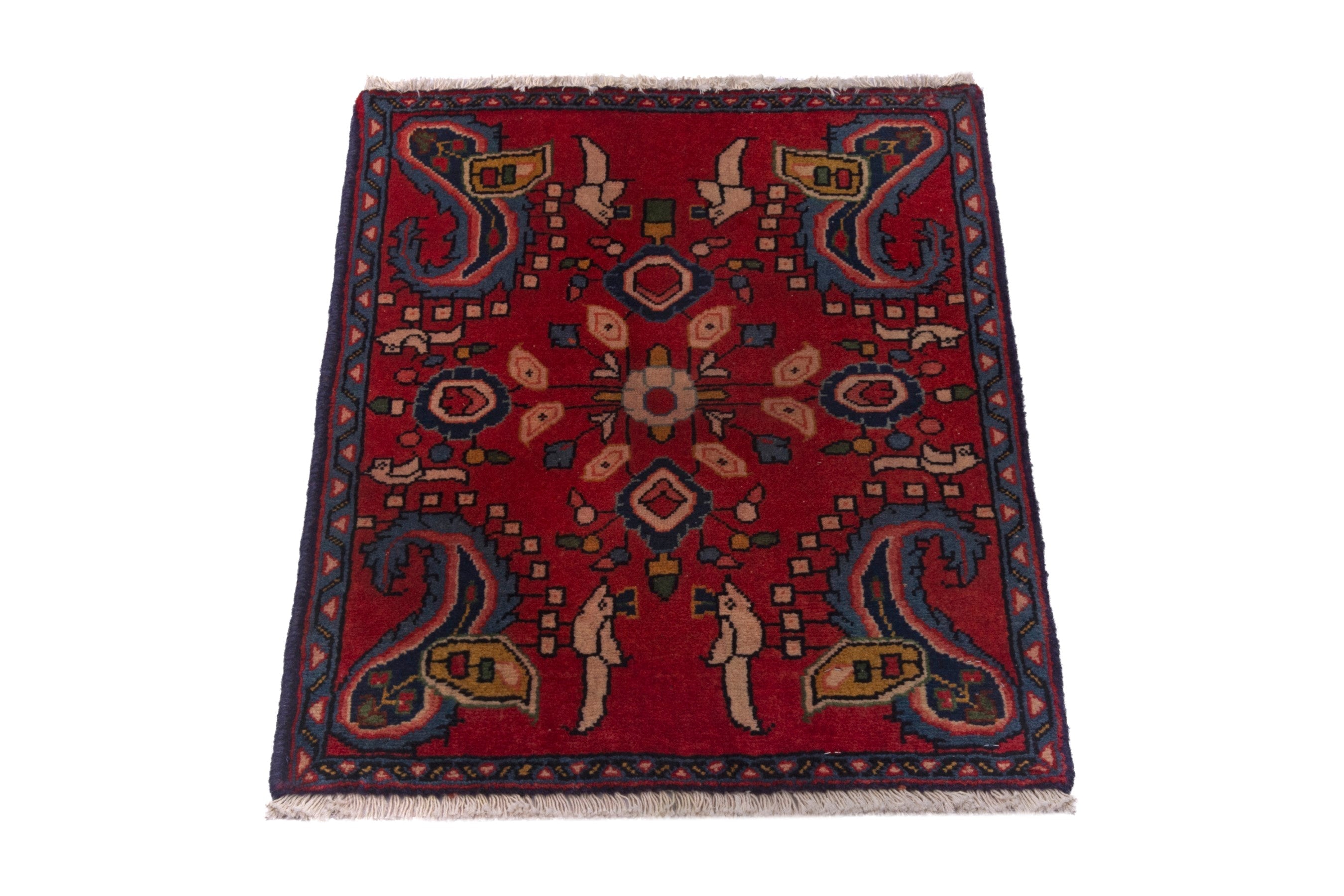 Persian Sarouk accent rug in deep red and dark blue, view 2 of 7