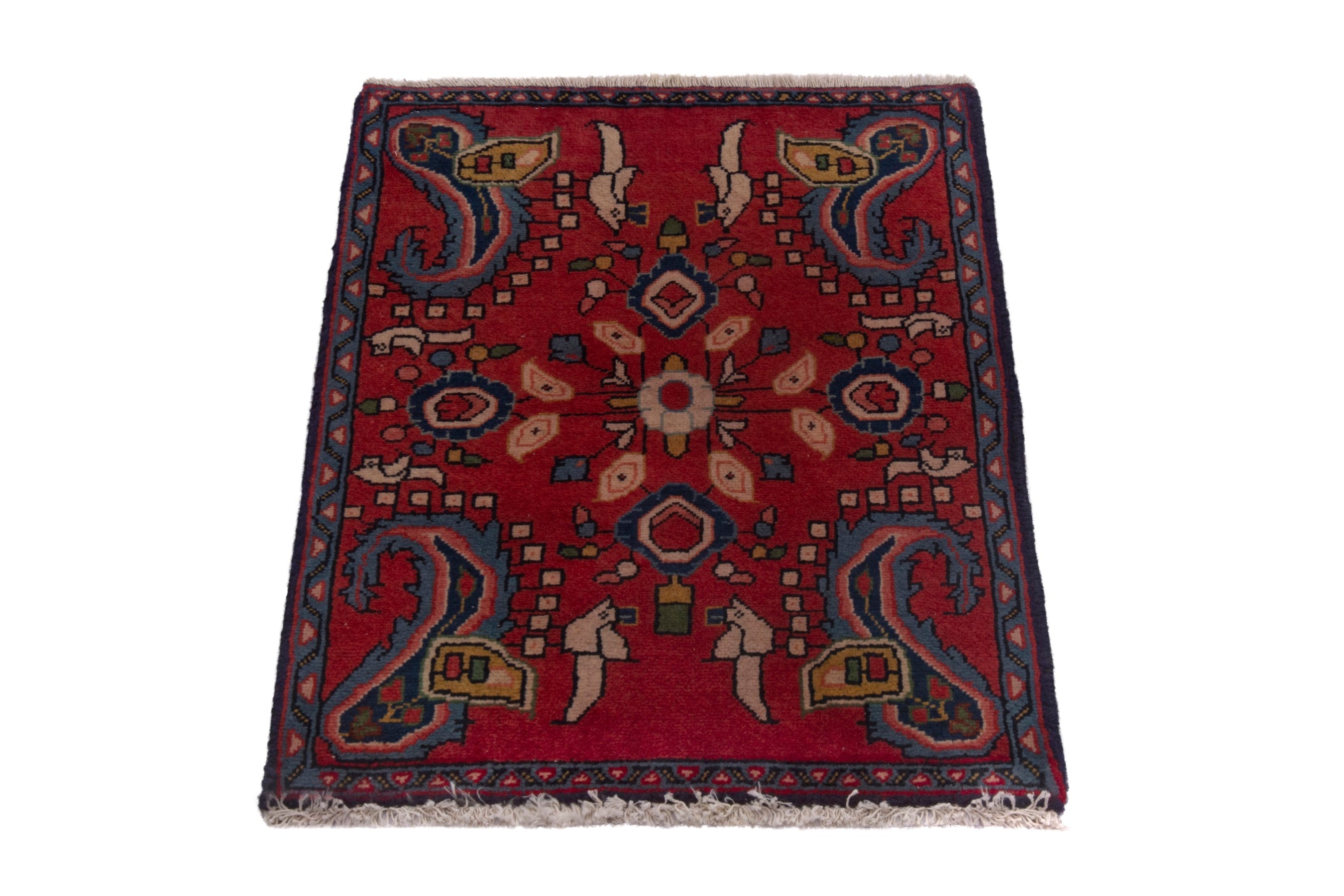 Persian Sarouk accent rug in deep red and dark blue, view 3 of 7