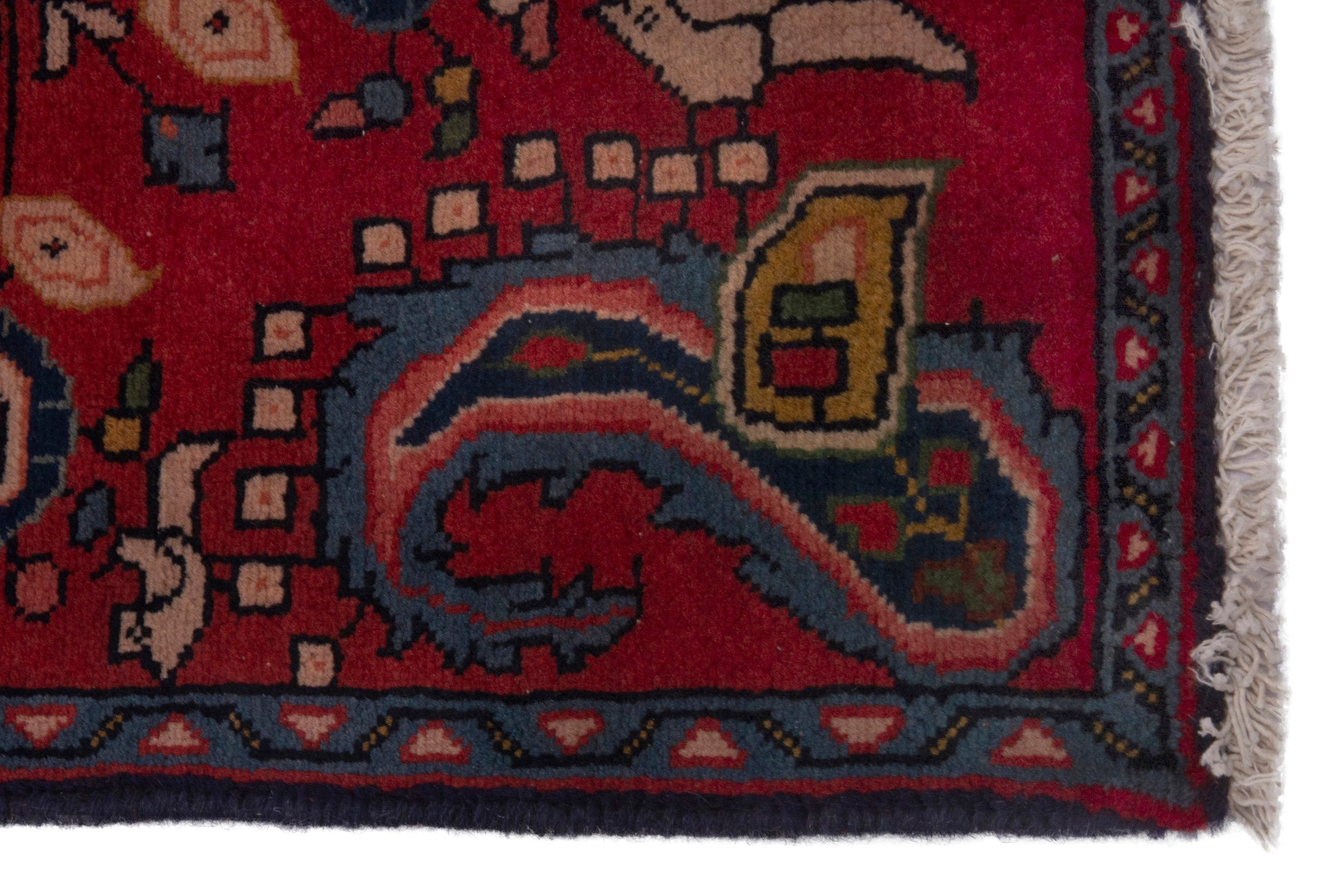 Persian Sarouk accent rug in deep red and dark blue, view 4 of 7