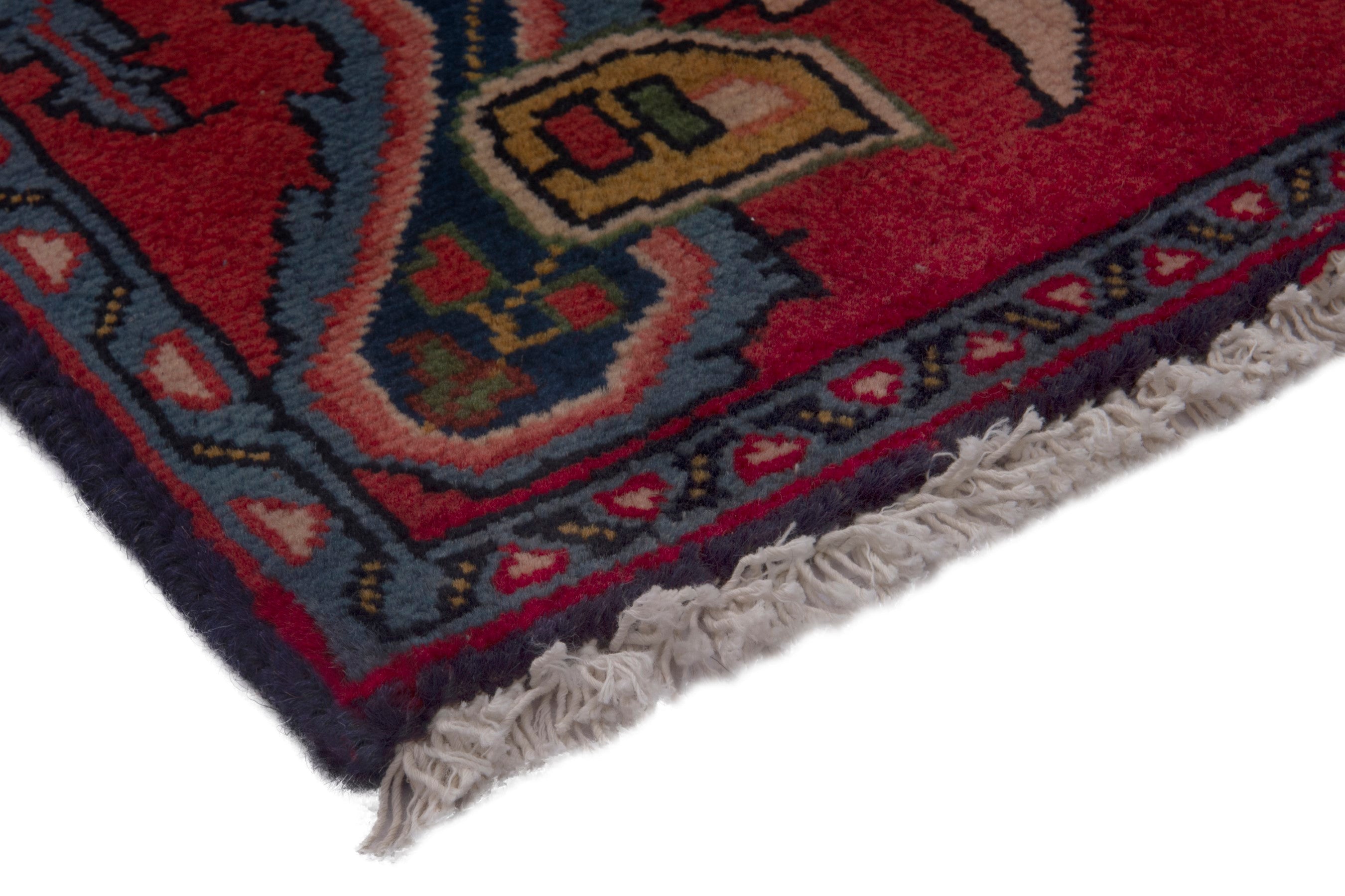 Persian Sarouk accent rug in deep red and dark blue, view 5 of 7