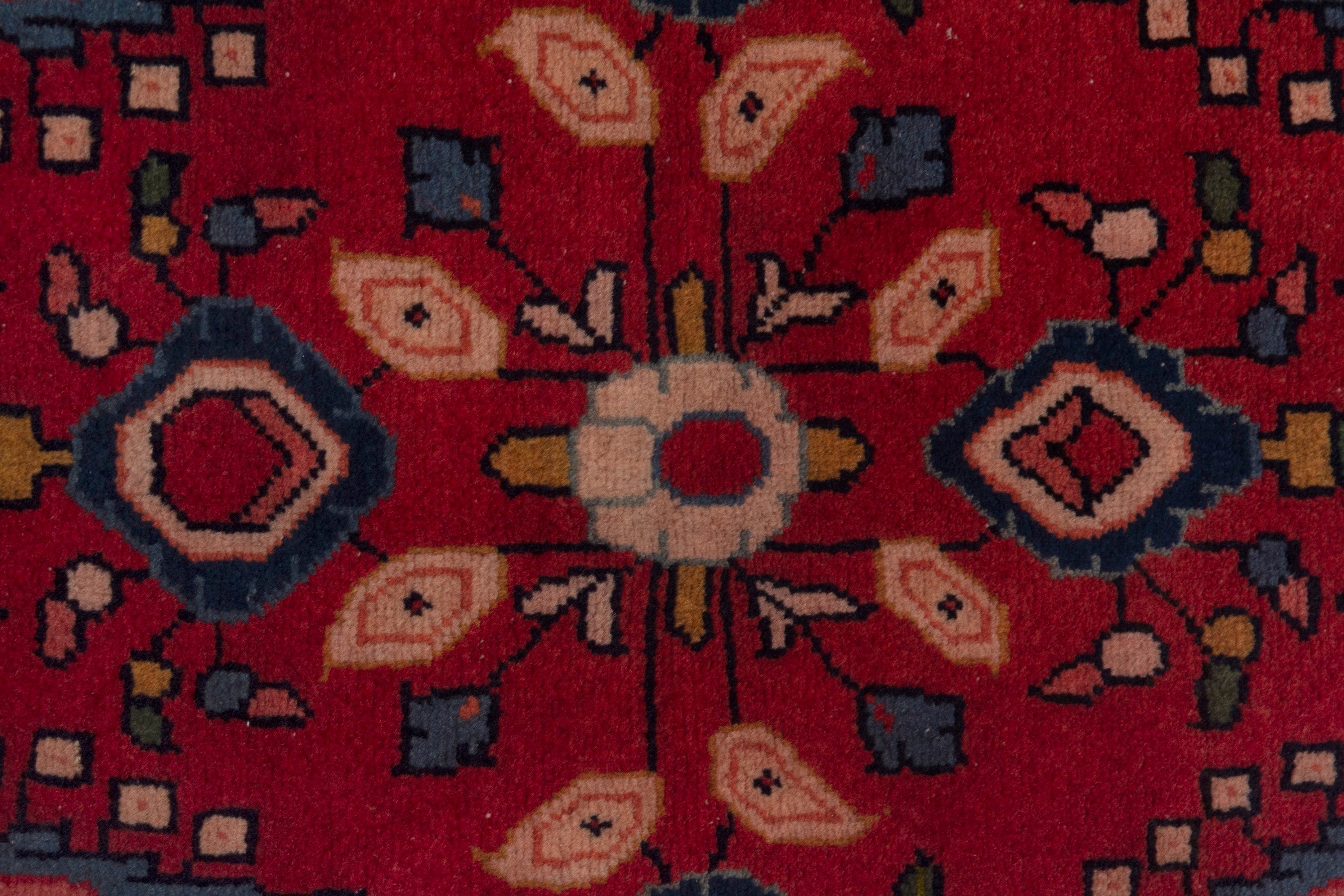 Persian Sarouk accent rug in deep red and dark blue, view 6 of 7