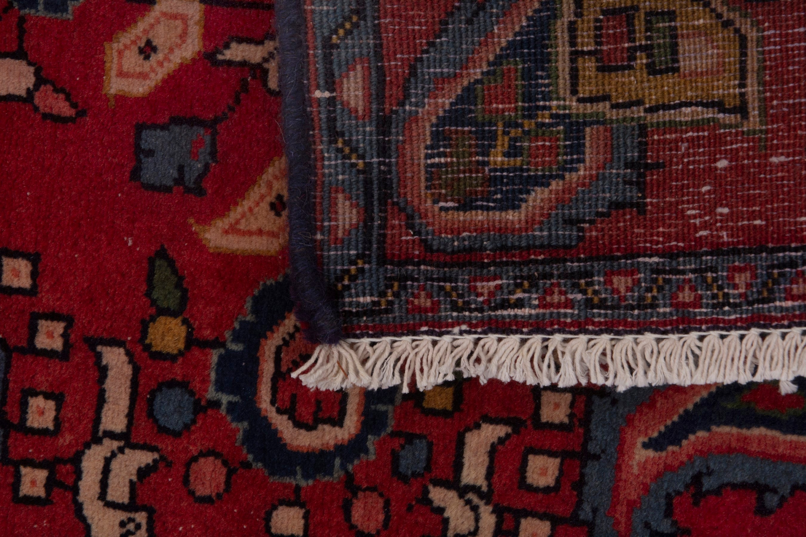 Persian Sarouk accent rug in deep red and dark blue, view 7 of 7