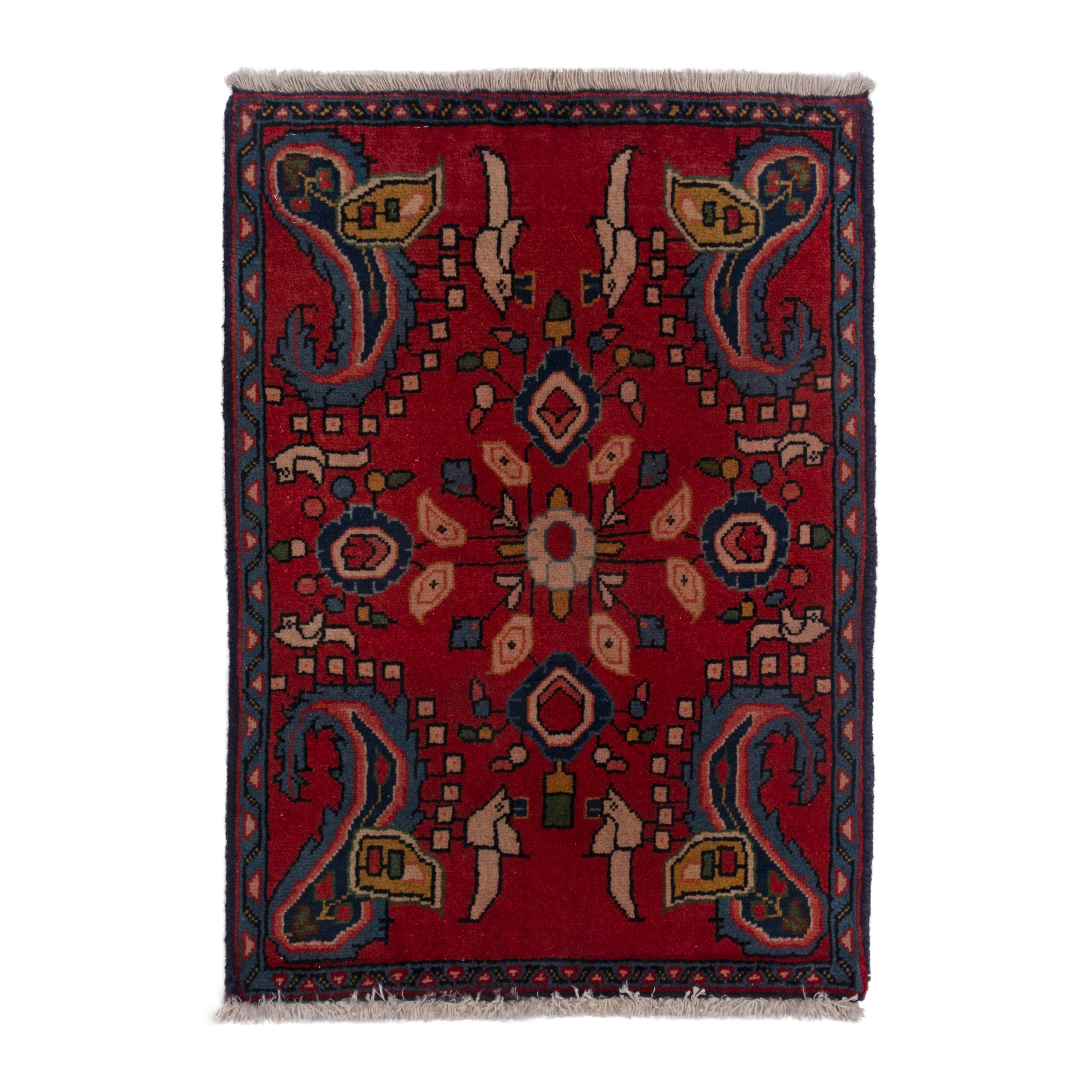 Persian Sarouk accent rug in deep red and dark blue, 1'7" x 2'2"