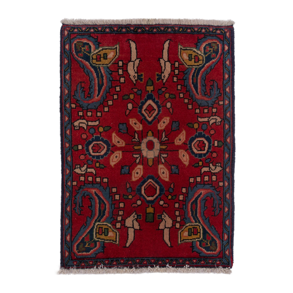 Persian Sarouk accent rug in deep red and dark blue, 1'7" x 2'2"