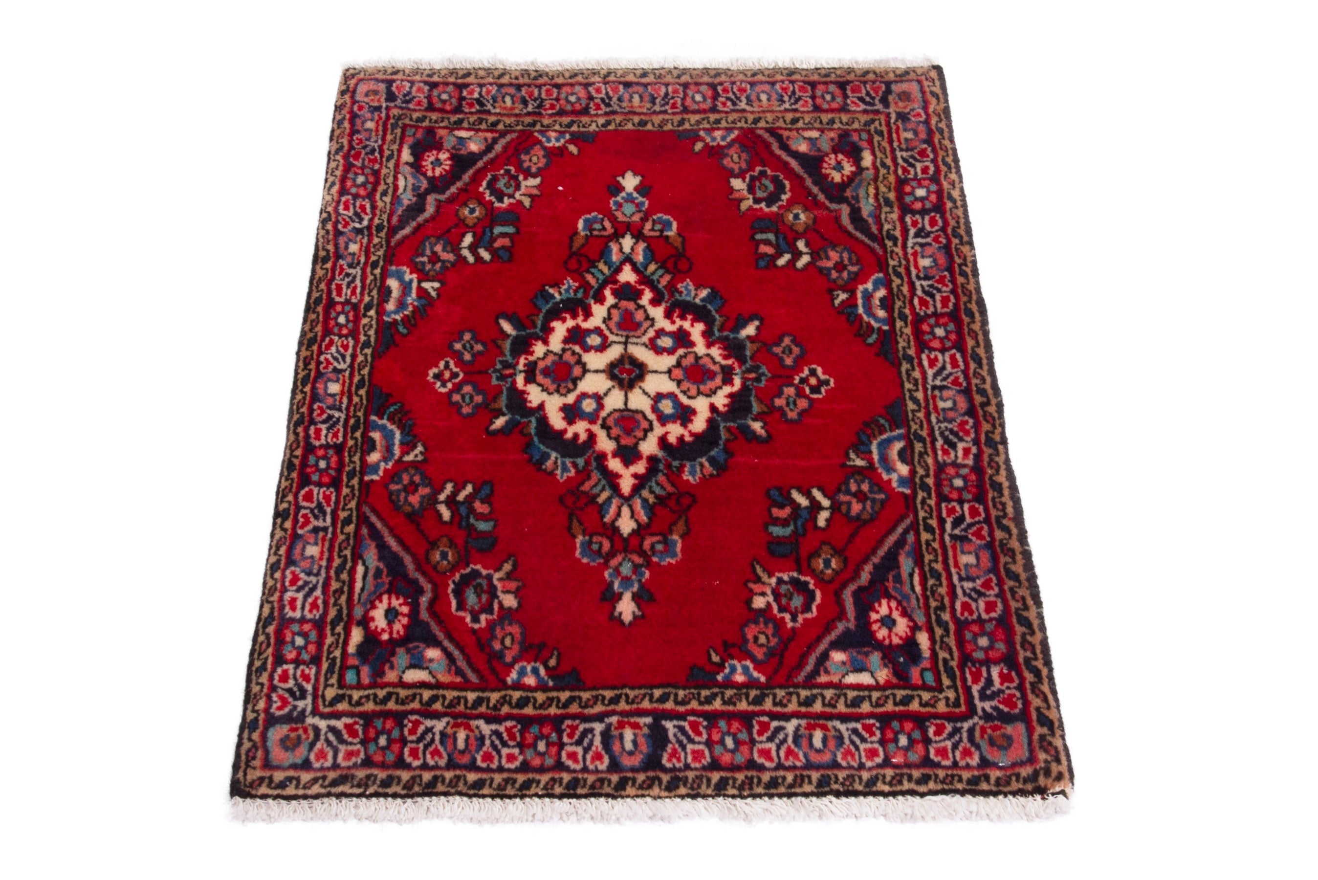 Persian Hamedan accent rug in deep red and burgundy, view 2 of 7