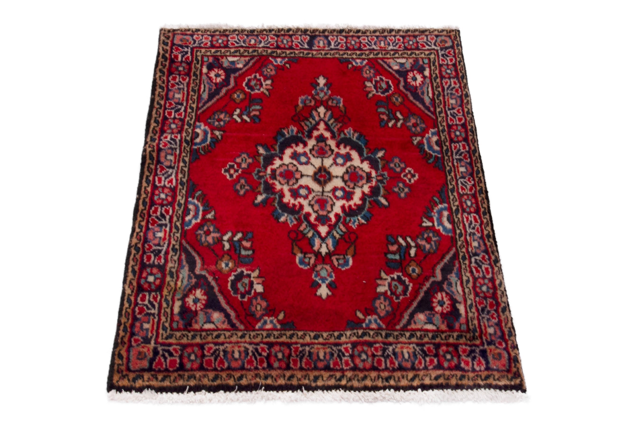 Persian Hamedan accent rug in deep red and burgundy, view 3 of 7