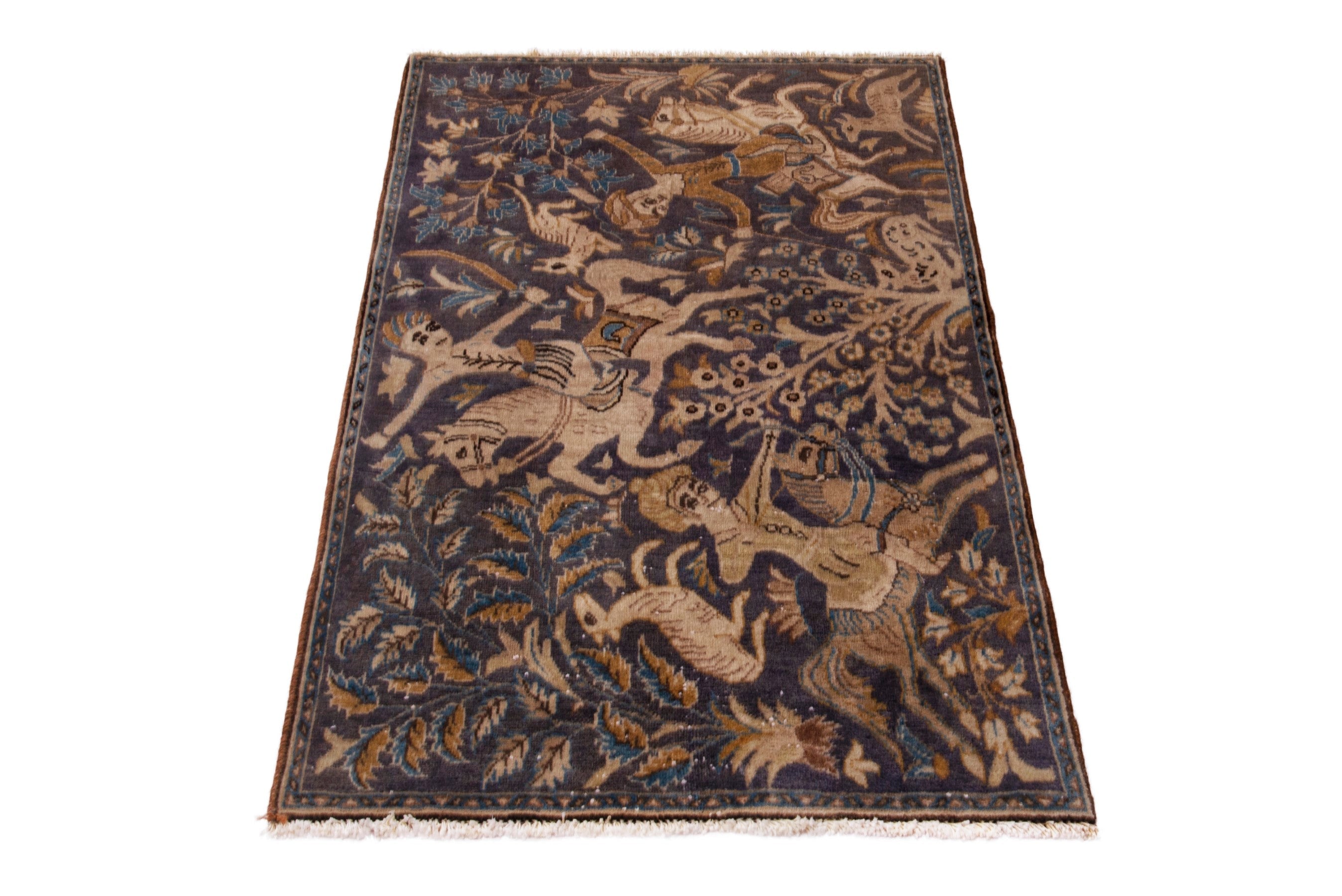 Persian Shahreza accent rug in navy and cream, view 3 of 7