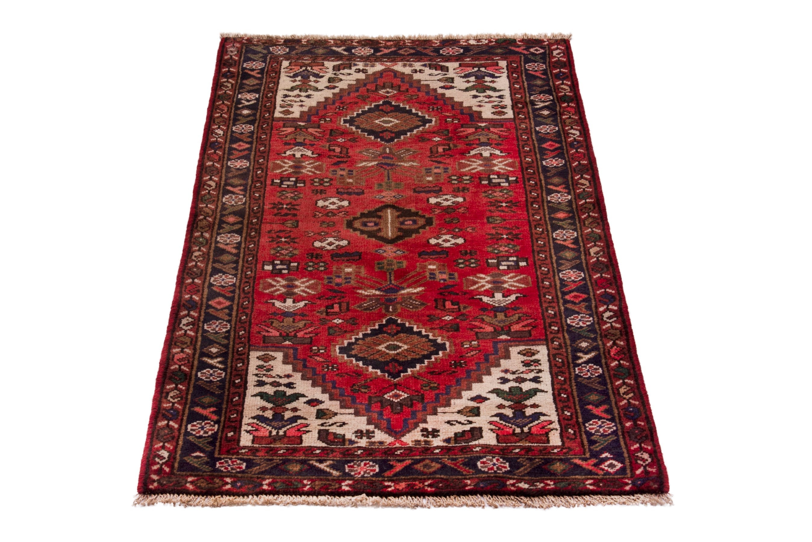 Persian Hamedan accent rug in deep red and burgundy, view 3 of 7