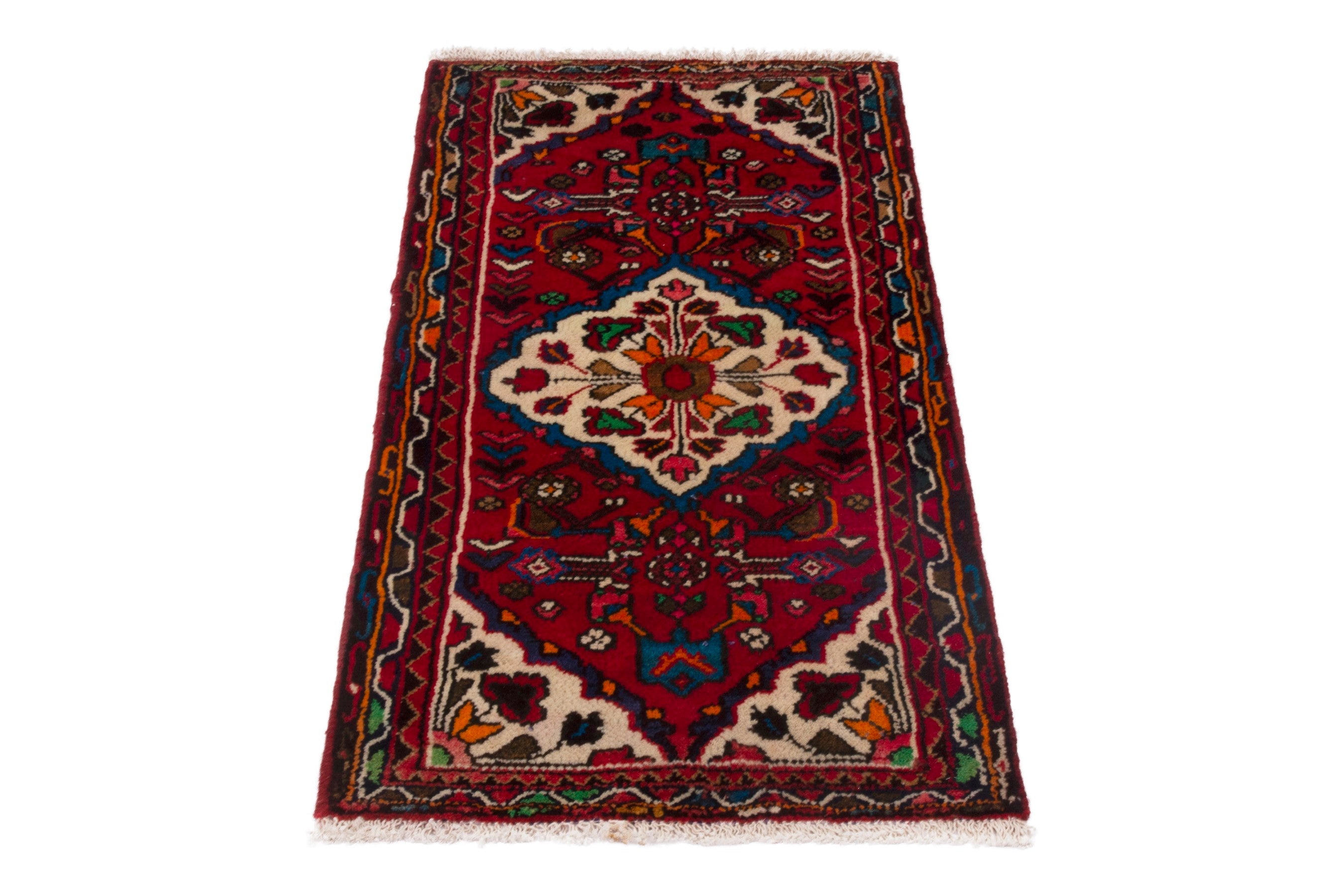 Persian Hamedan accent rug in deep red and off-white, view 2 of 7