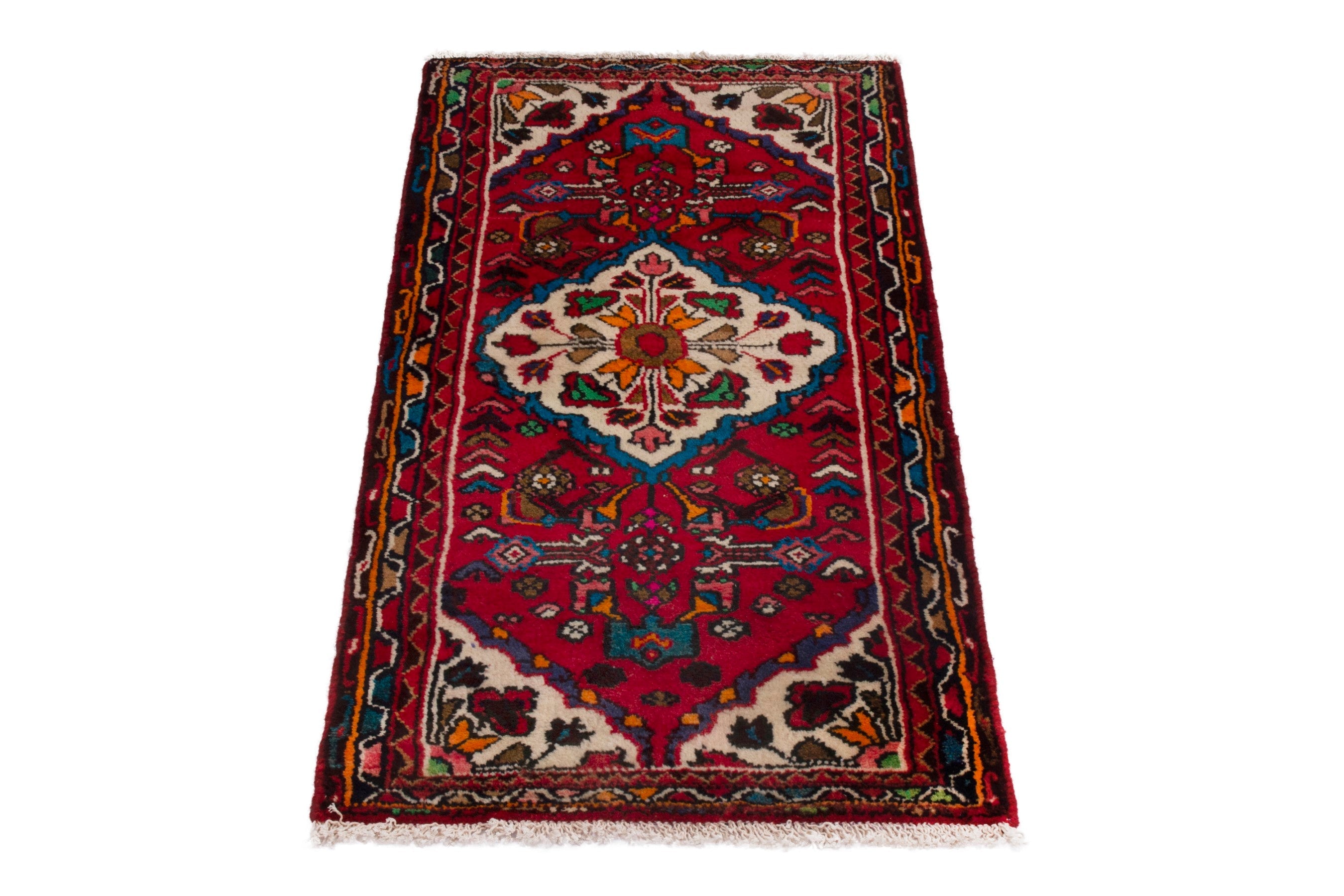 Persian Hamedan accent rug in deep red and off-white, view 3 of 7