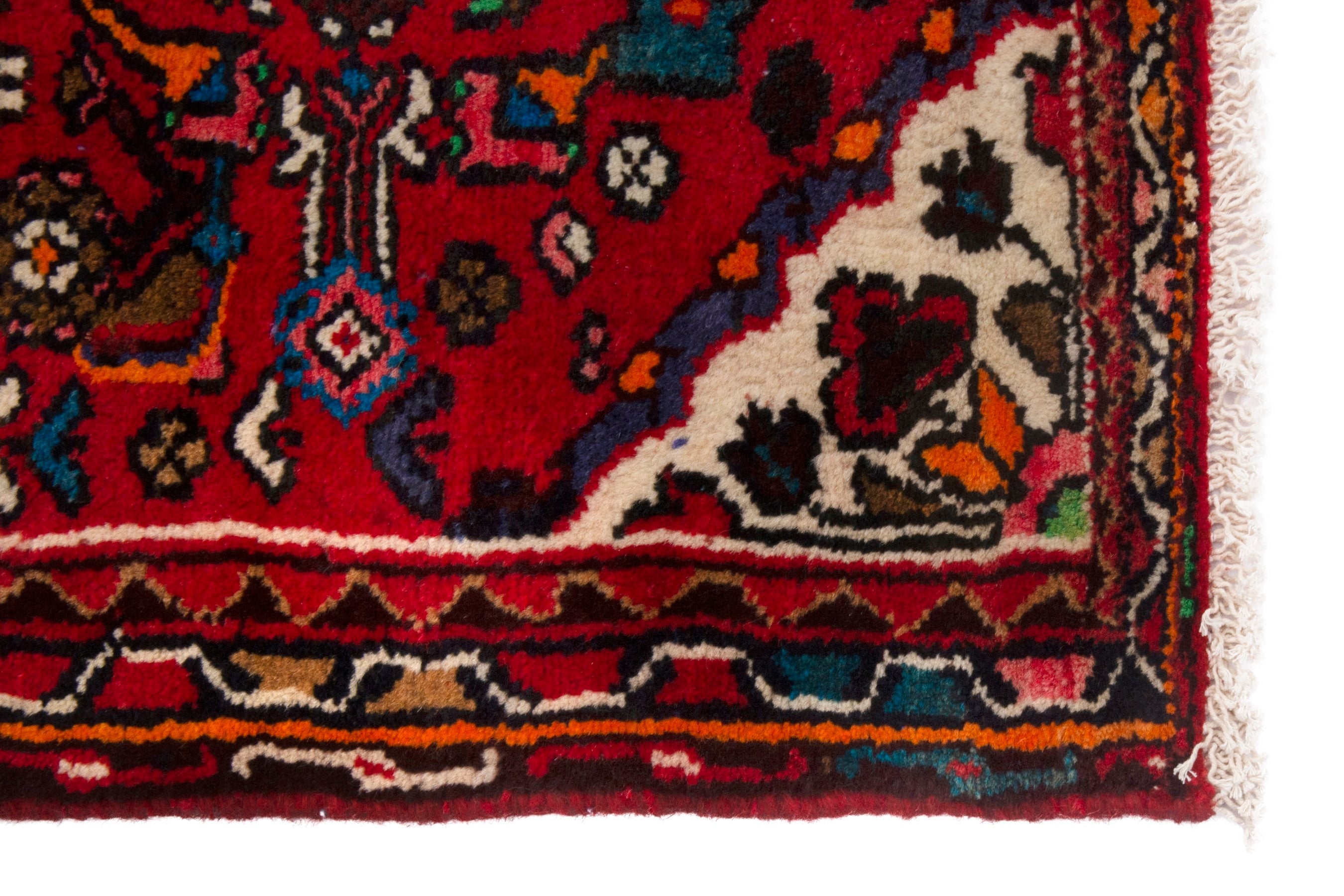 Persian Hamedan accent rug in deep red and off-white, view 4 of 7