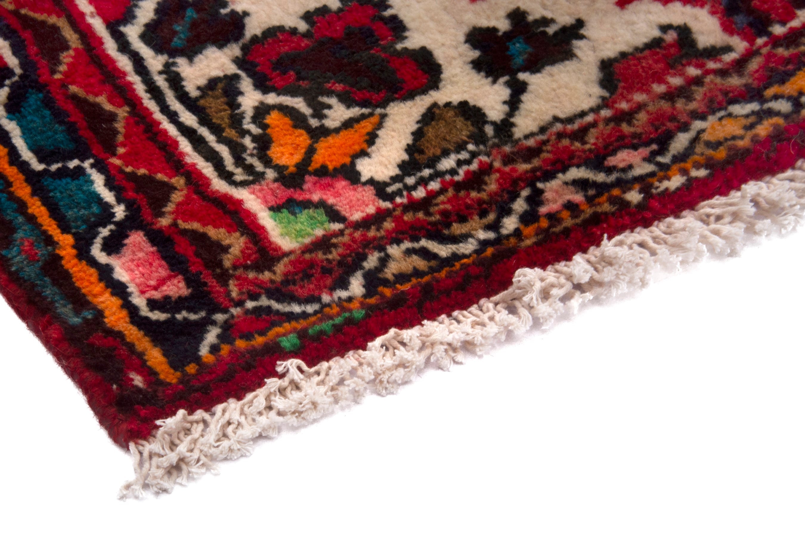 Persian Hamedan accent rug in deep red and off-white, view 5 of 7