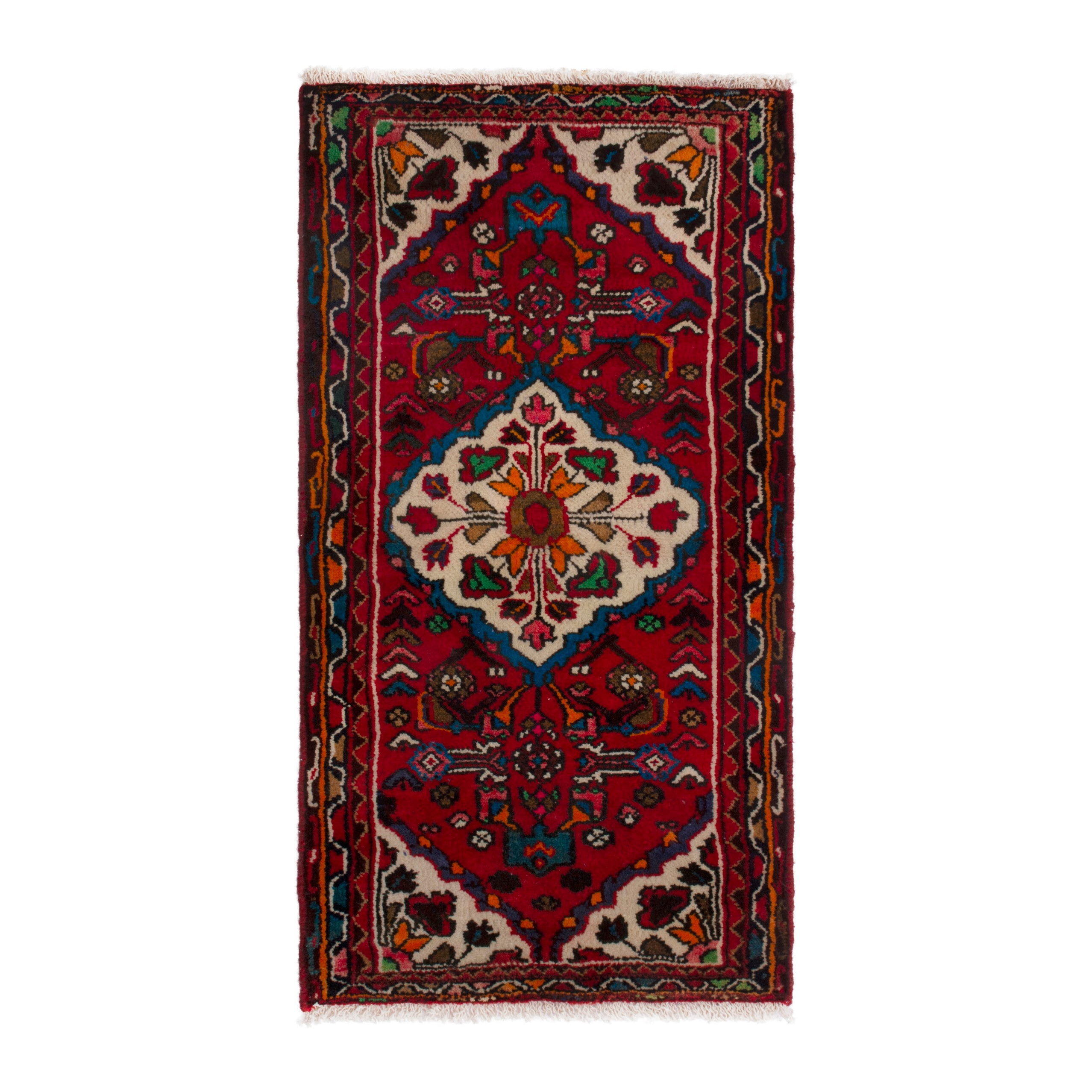 Persian Hamedan accent rug in deep red and off-white, 1'10" x 3'7"