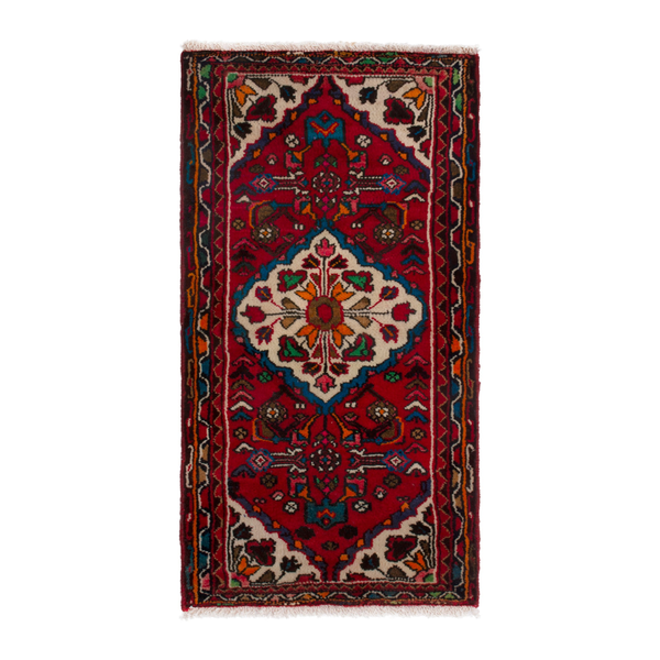 Persian Hamedan accent rug in deep red and off-white, 1'10" x 3'7"