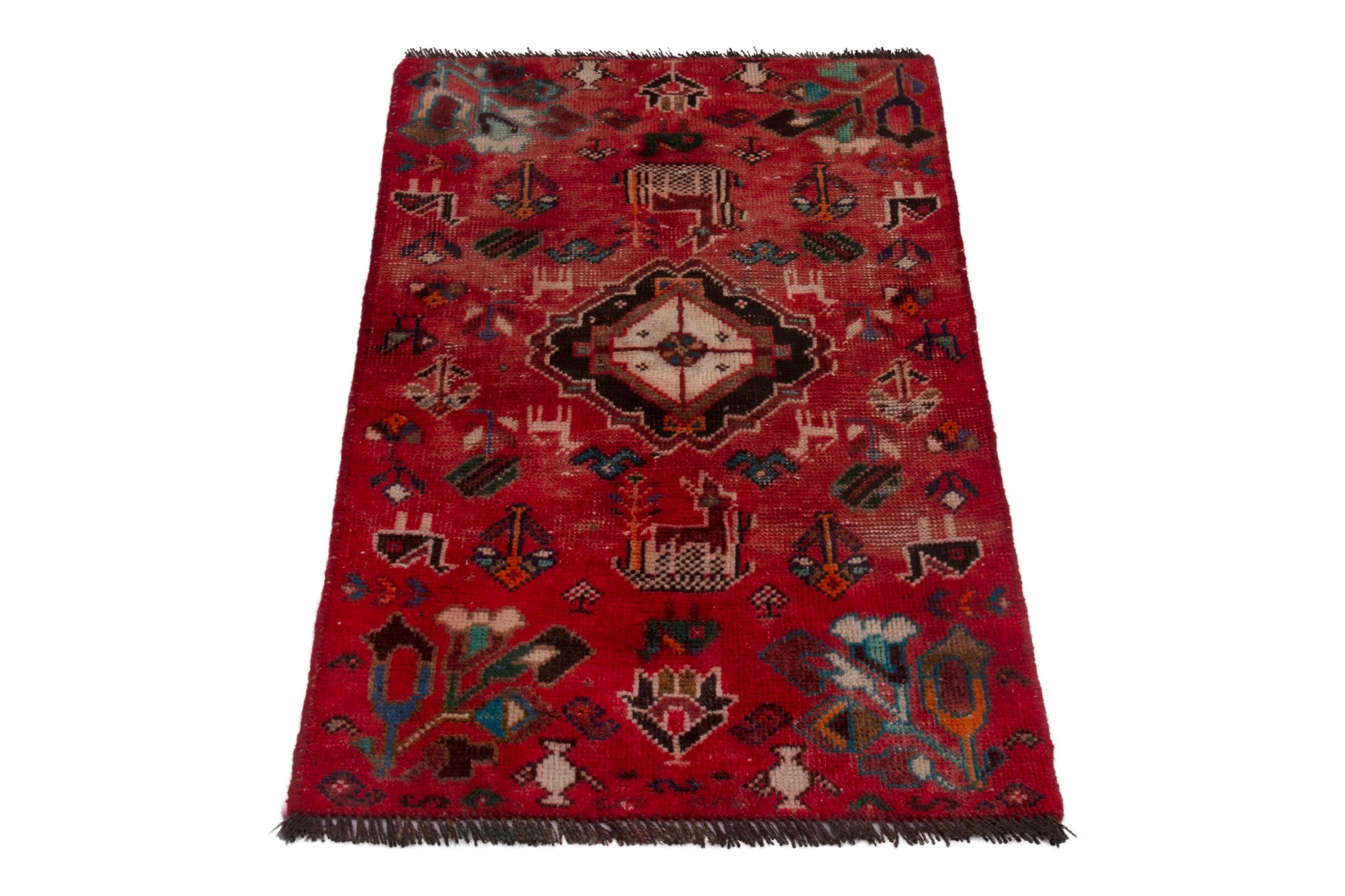 Persian Shiraz accent rug in deep red and black, view 3 of 7