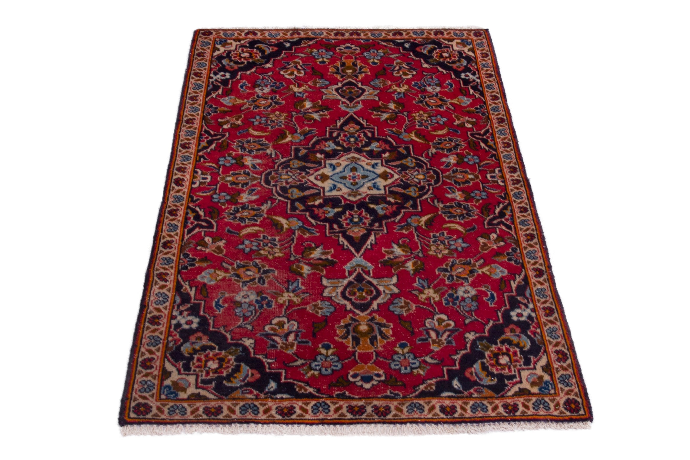 Persian Kashan accent rug in deep red and navy, view 2 of 7