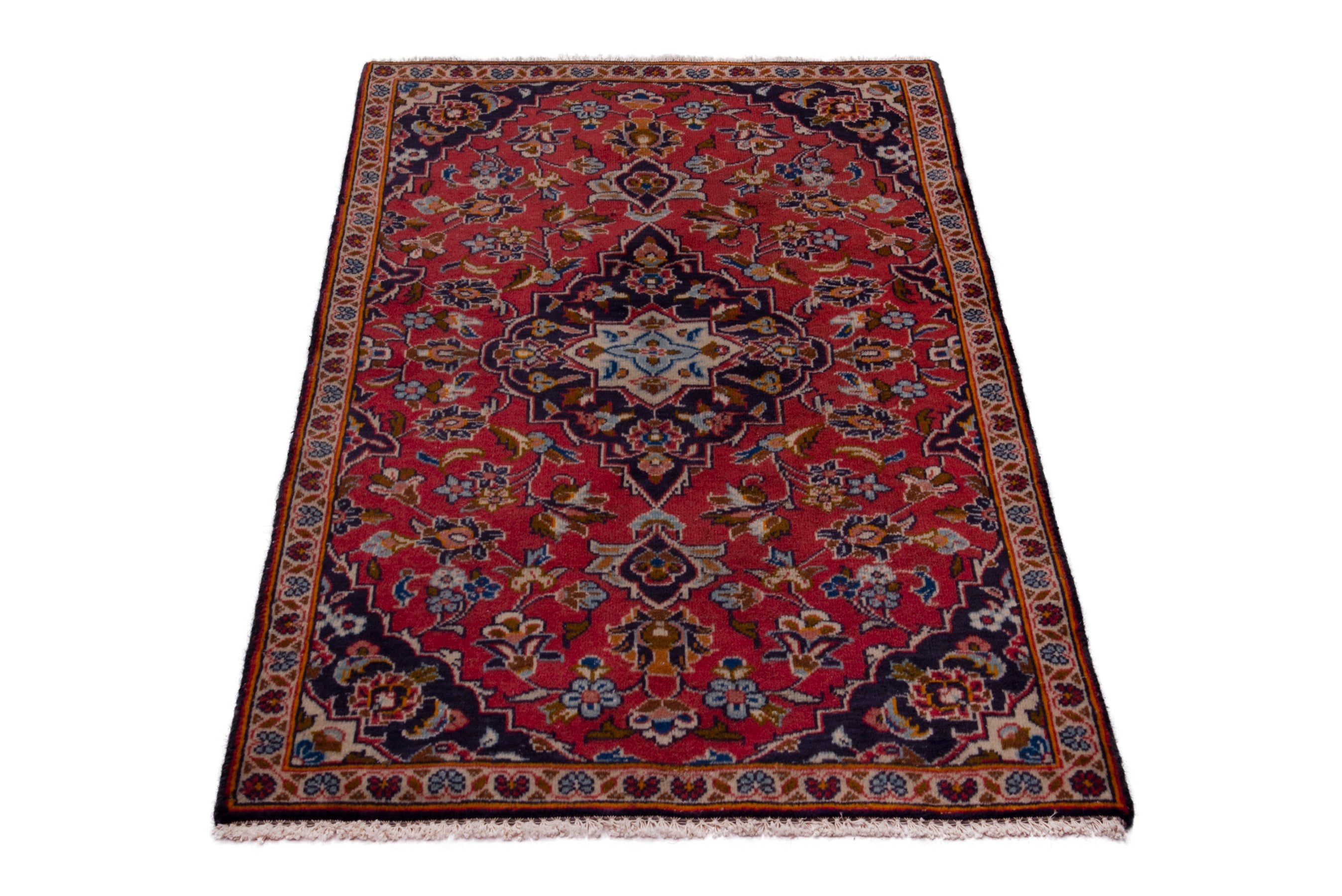 Persian Kashan accent rug in deep red and navy, view 3 of 7