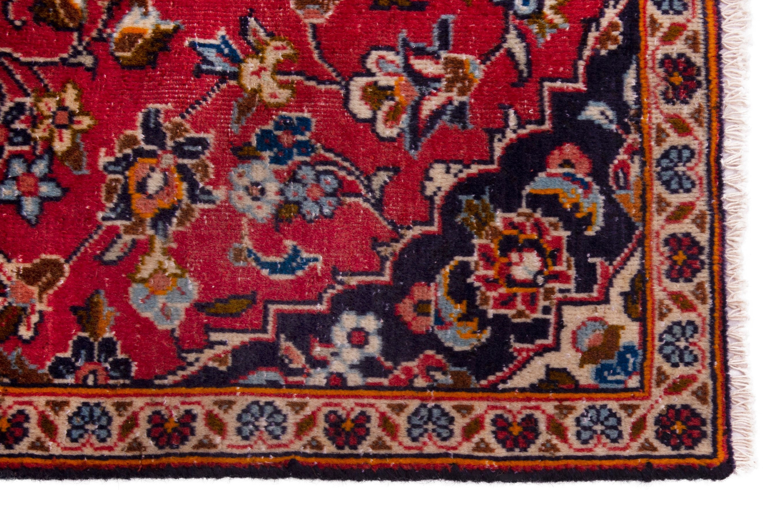 Persian Kashan accent rug in deep red and navy, view 4 of 7