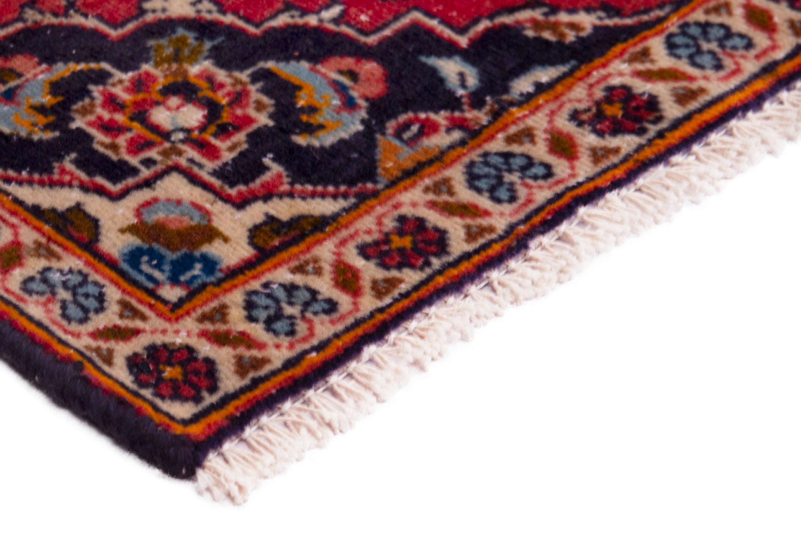 Persian Kashan accent rug in deep red and navy, view 5 of 7