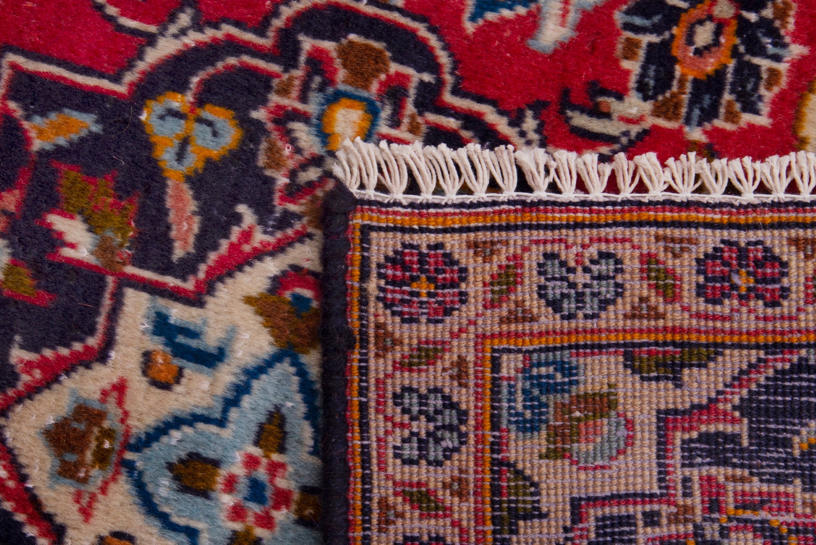 Persian Kashan accent rug in deep red and navy, view 7 of 7